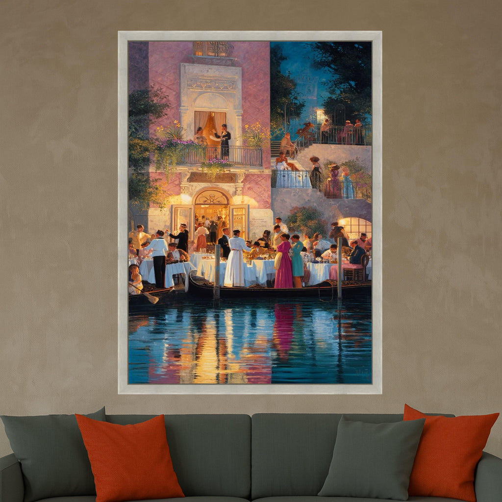 Elegant Evening Gathering, Venice Canal Dining Canvas, Romantic Waterfront Scene, Classic Italian Architecture Wall Art, Fine Ready To Hang,