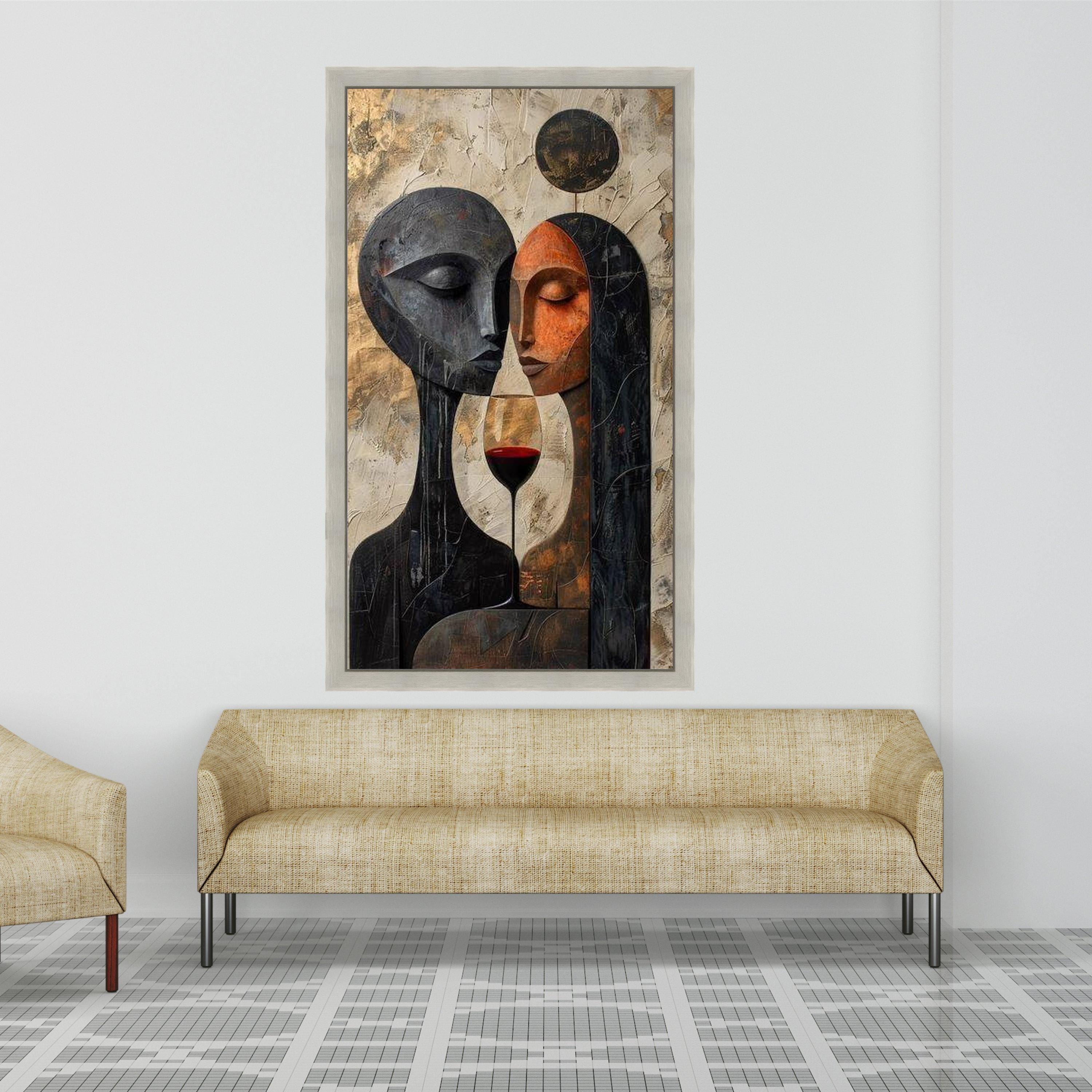 Abstract Lovers with Wine Glass Canvas, Modern Couple Wall Art, Romantic Home Decor, Contemporary Painting, Ready to Hang Ready To Hang,