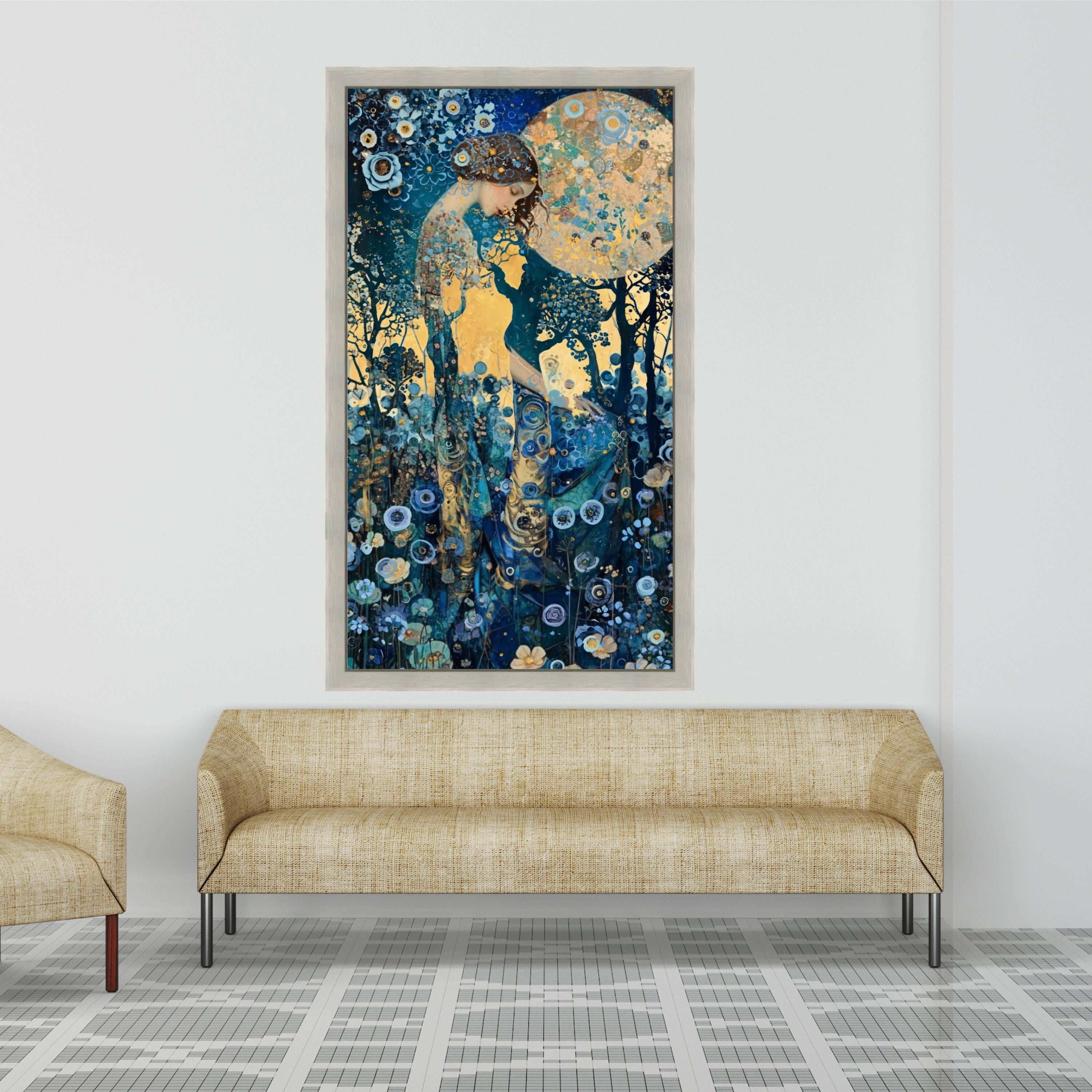 Mystical Woman in Floral Forest, Dreamy Night Canvas Art, Abstract Botanical Wall Decor, Fantasy Moonlight Painting, Blue and Ready To Hang,