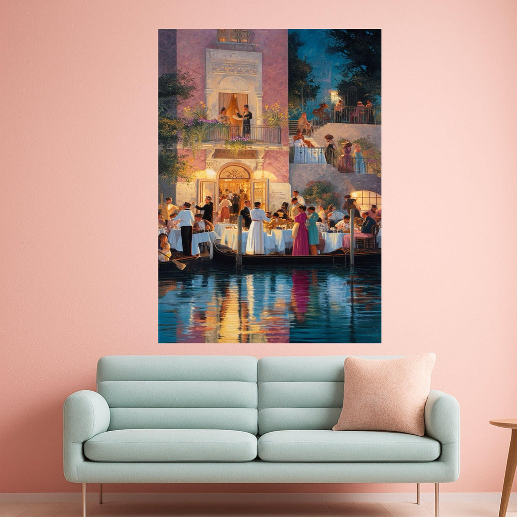 Elegant Evening Gathering, Venice Canal Dining Canvas, Romantic Waterfront Scene, Classic Italian Architecture Wall Art, Fine Ready To Hang,