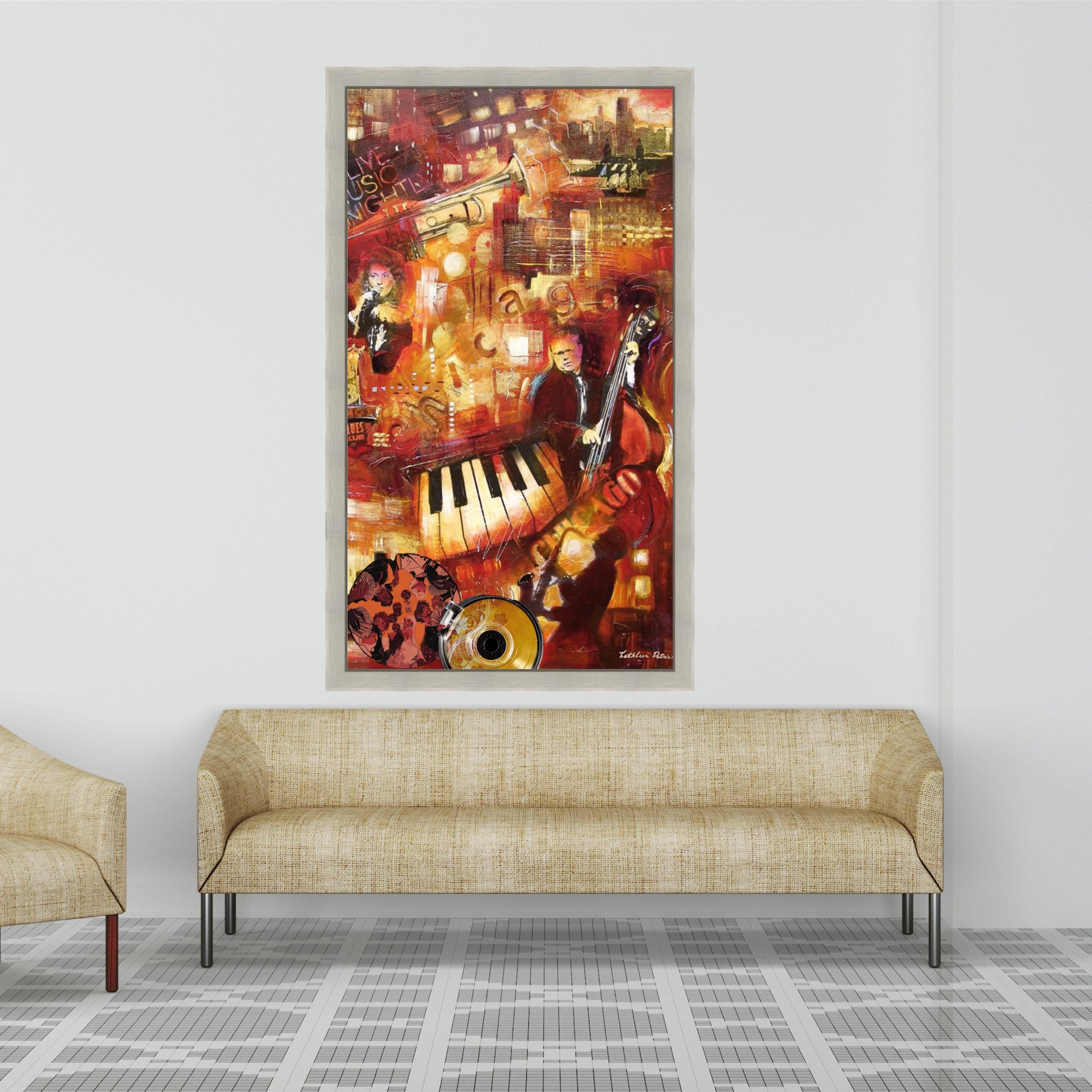 Vibrant Jazz Night Scene Canvas, Musical Instruments Art, Urban Music Club Wall Art, Abstract Piano Trumpet Double Bass, Ready To Hang,