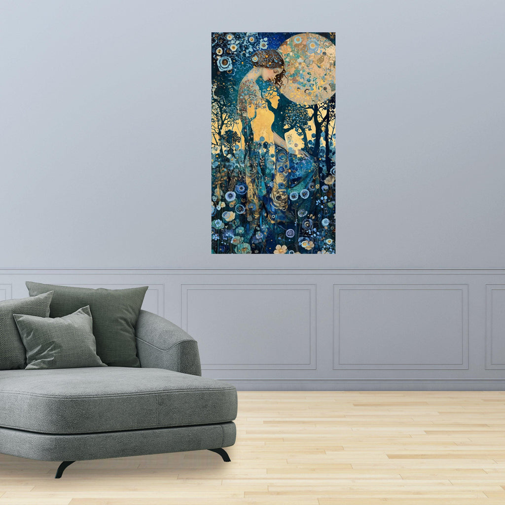 Mystical Woman in Floral Forest, Dreamy Night Canvas Art, Abstract Botanical Wall Decor, Fantasy Moonlight Painting, Blue and Ready To Hang,