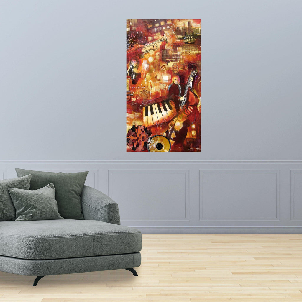 Vibrant Jazz Night Scene Canvas, Musical Instruments Art, Urban Music Club Wall Art, Abstract Piano Trumpet Double Bass, Ready To Hang,