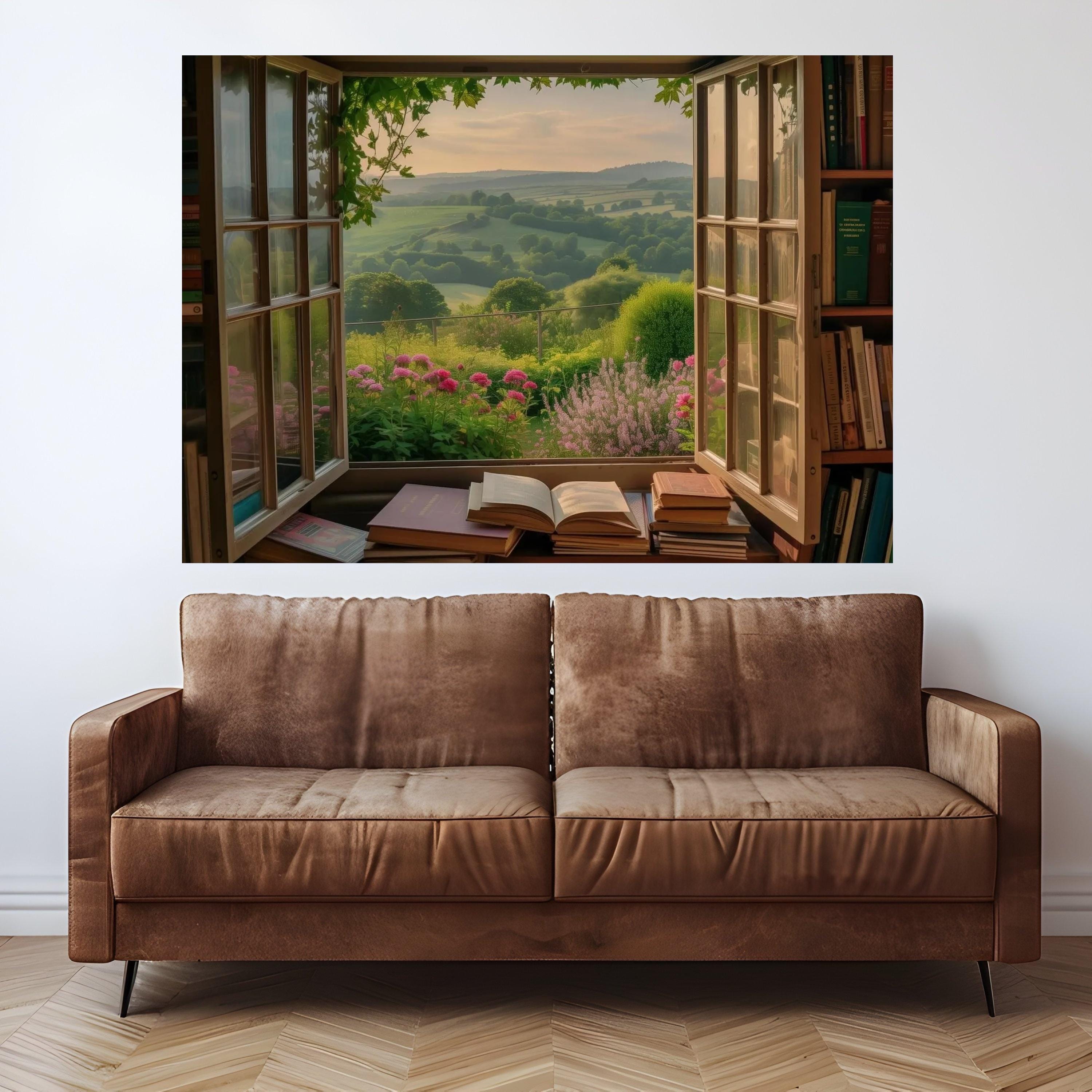 Open Window Garden View Canvas, Scenic Countryside Landscape Wall Art, Floral Blooms and Bookshelf Decor, Cozy Home Canvas Ready To Hang,