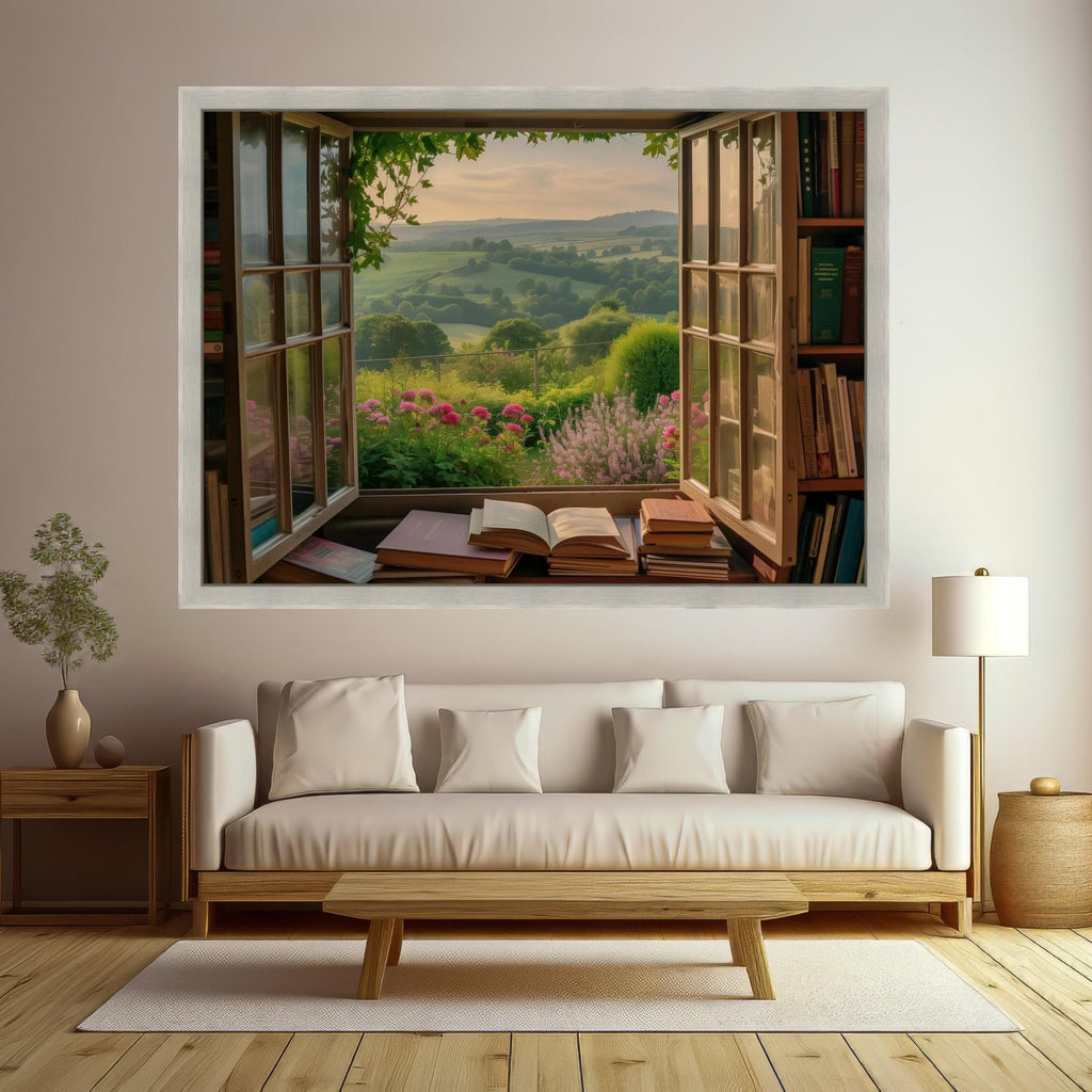 Open Window Garden View Canvas, Scenic Countryside Landscape Wall Art, Floral Blooms and Bookshelf Decor, Cozy Home Canvas Ready To Hang,
