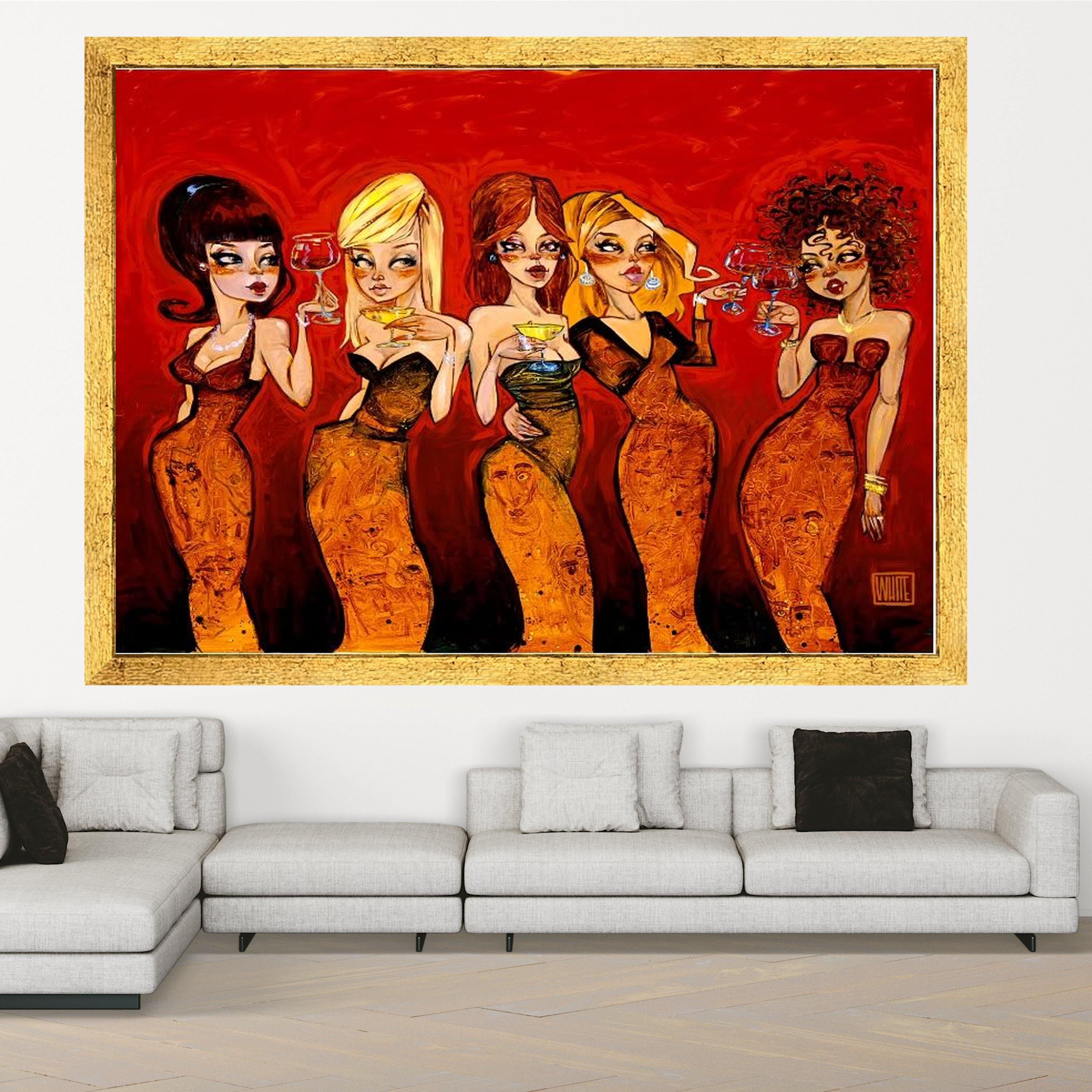 Glamorous Women with Cocktails Canvas Wall Art, Stylish Female Portraits, Red and Orange Elegant Decor, Modern Party Scene Ready To Hang,