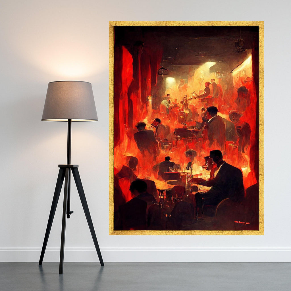 Vintage Jazz Club Scene Canvas, Intense Red Flames Art, Silhouetted Musicians Wall Art, Abstract Nightlife Canvas, Dramatic Ready To Hang,