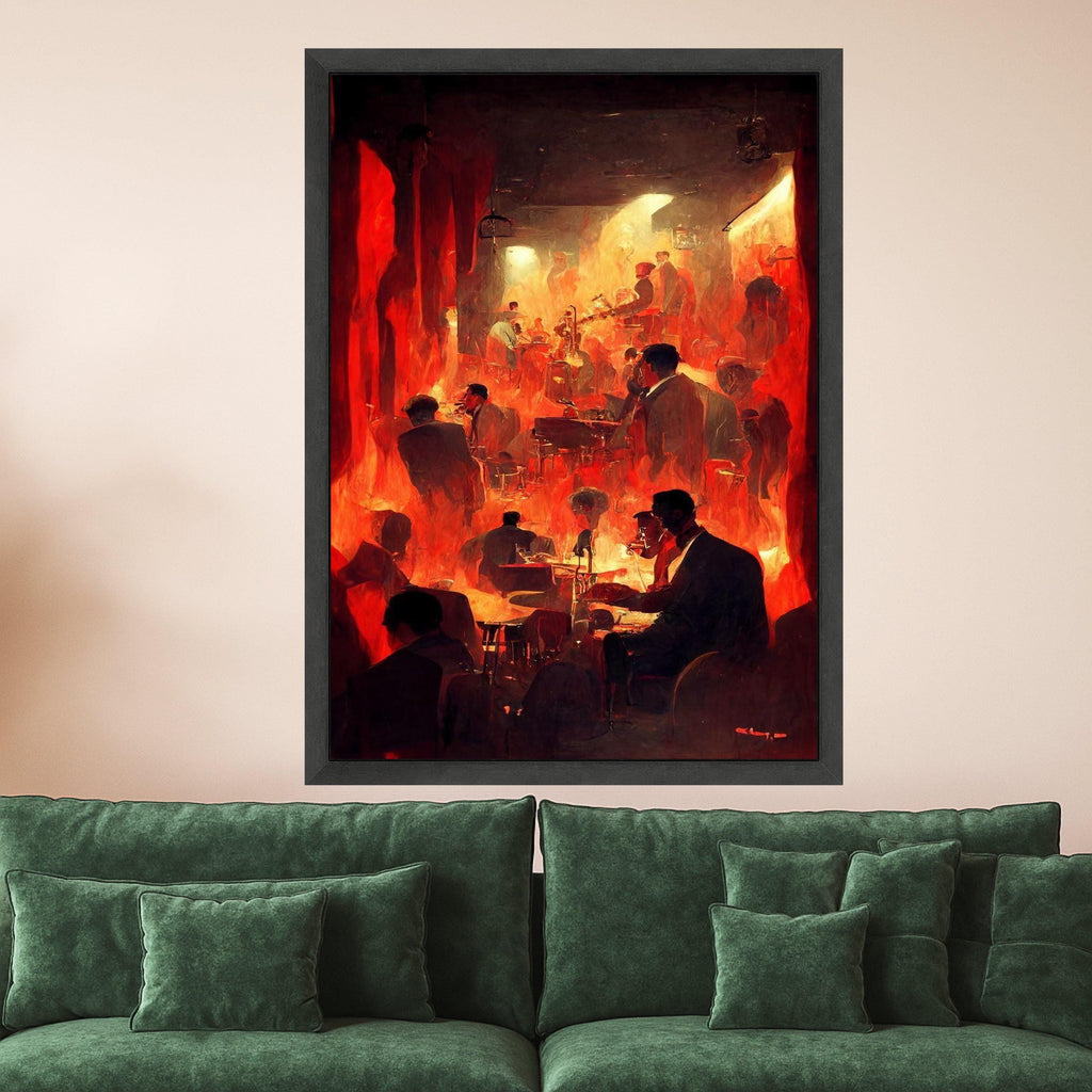 Vintage Jazz Club Scene Canvas, Intense Red Flames Art, Silhouetted Musicians Wall Art, Abstract Nightlife Canvas, Dramatic Ready To Hang,