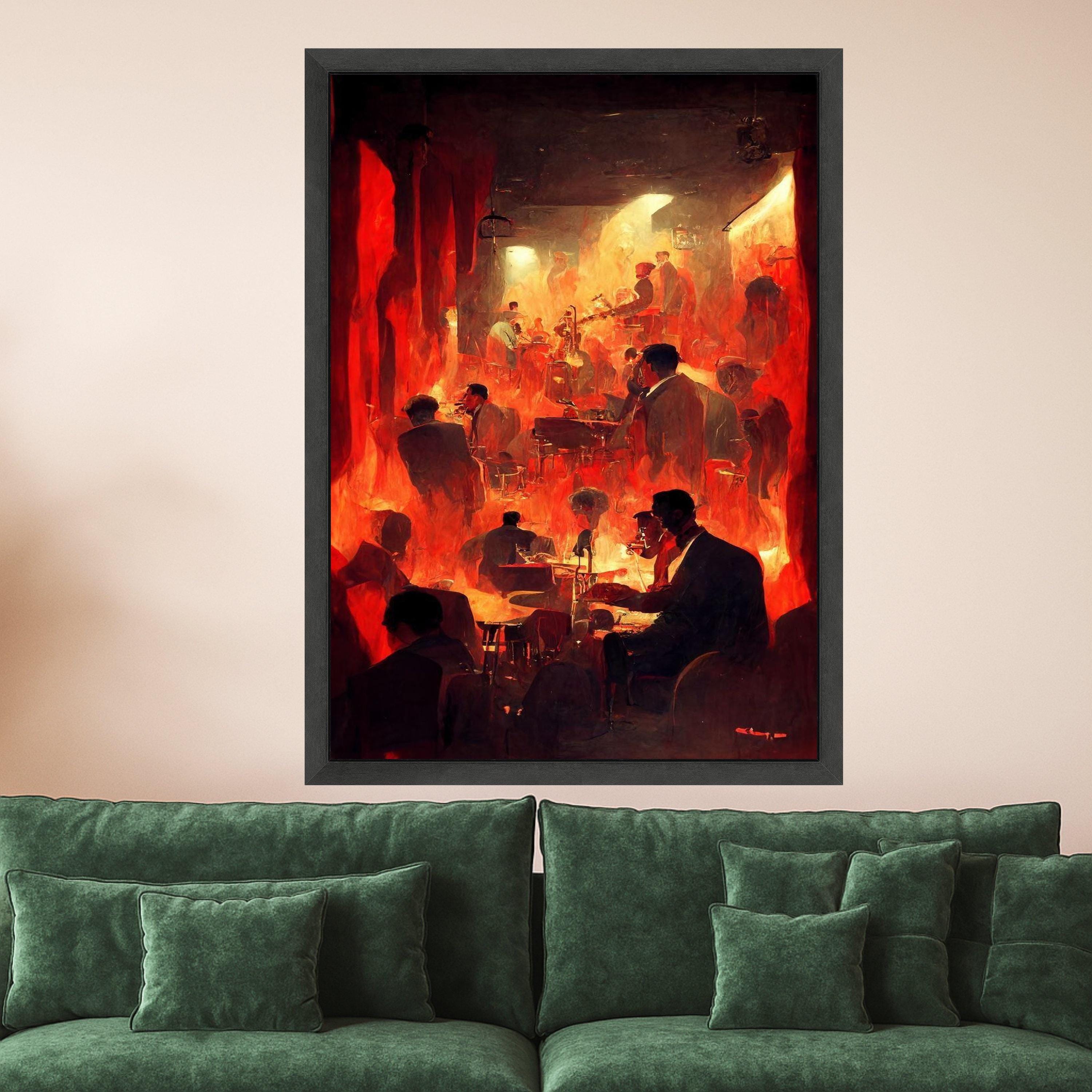 Vintage Jazz Club Scene Canvas, Intense Red Flames Art, Silhouetted Musicians Wall Art, Abstract Nightlife Canvas, Dramatic Ready To Hang,