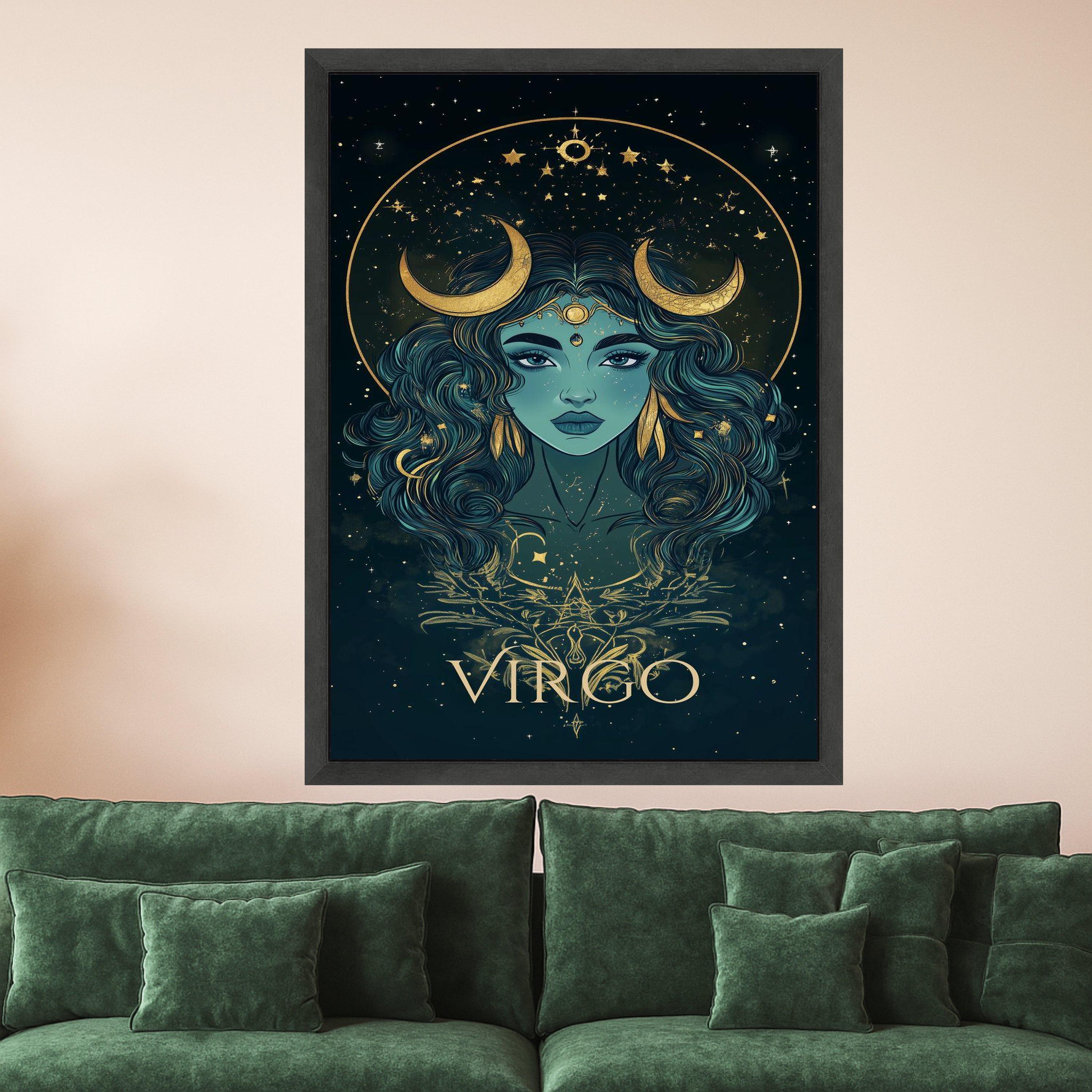 Virgo Zodiac Canvas Wall Art, Mystical Goddess Portrait, Astrological Sign Decor, Celestial Moon and Stars, Spiritual Wall Ready To Hang,