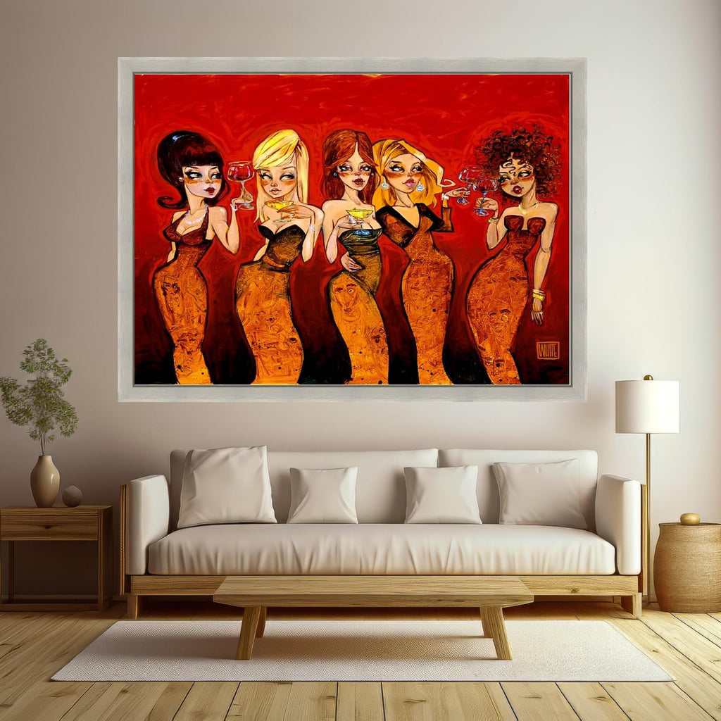 Glamorous Women with Cocktails Canvas Wall Art, Stylish Female Portraits, Red and Orange Elegant Decor, Modern Party Scene Ready To Hang,