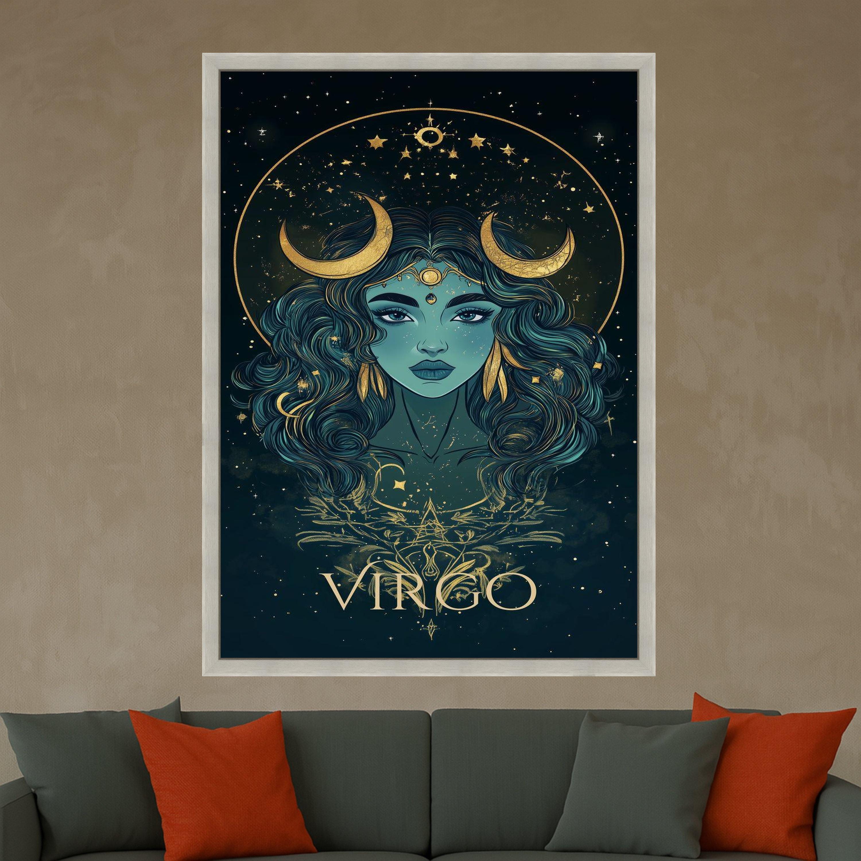 Virgo Zodiac Canvas Wall Art, Mystical Goddess Portrait, Astrological Sign Decor, Celestial Moon and Stars, Spiritual Wall Ready To Hang,