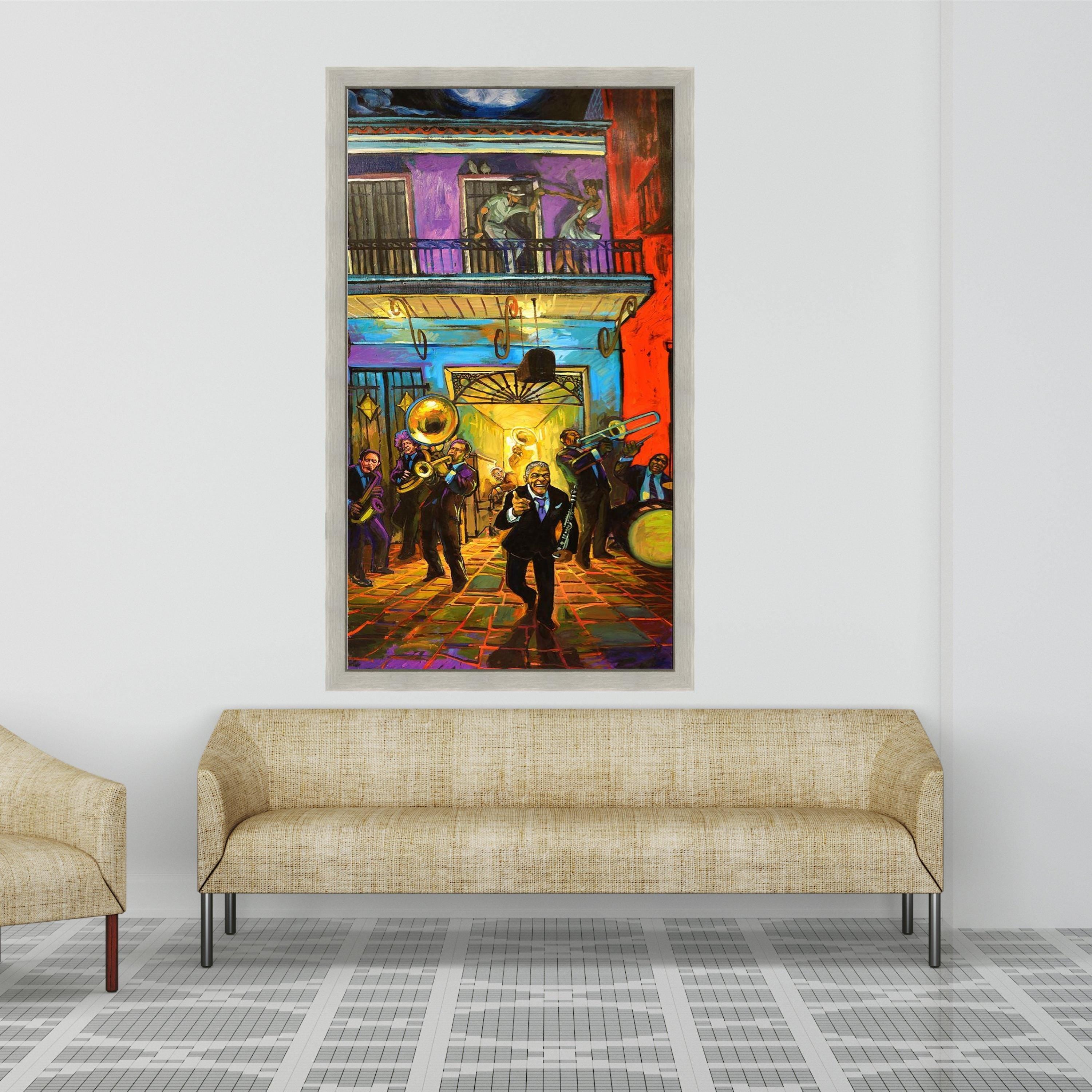 Vibrant Jazz Night Canvas Wall Art, Colorful Musician Scene, Dancing Couple Balcony, Urban Nightlife Painting, Home Decor Ready To Hang,