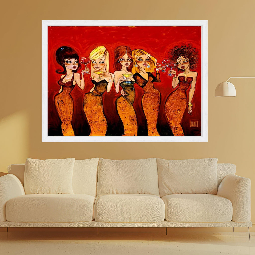 Glamorous Women with Cocktails Canvas Wall Art, Stylish Female Portraits, Red and Orange Elegant Decor, Modern Party Scene Ready To Hang,