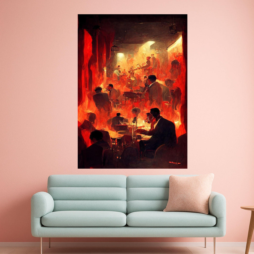 Vintage Jazz Club Scene Canvas, Intense Red Flames Art, Silhouetted Musicians Wall Art, Abstract Nightlife Canvas, Dramatic Ready To Hang,