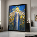 Ethereal Angel Canvas Wall Art, Floral Blue Gold Painting, Sunflower Garden Decor, Spiritual Home Decoration, Heavenly Figure Ready To Hang,