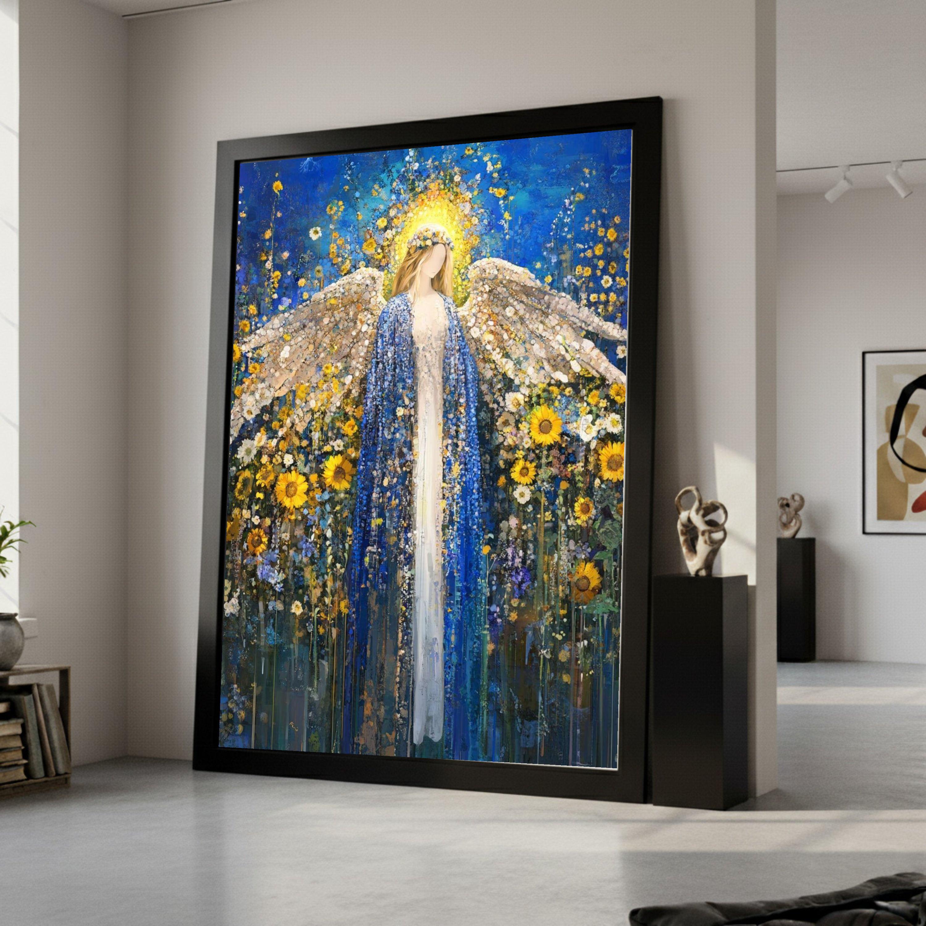 Ethereal Angel Canvas Wall Art, Floral Blue Gold Painting, Sunflower Garden Decor, Spiritual Home Decoration, Heavenly Figure Ready To Hang,