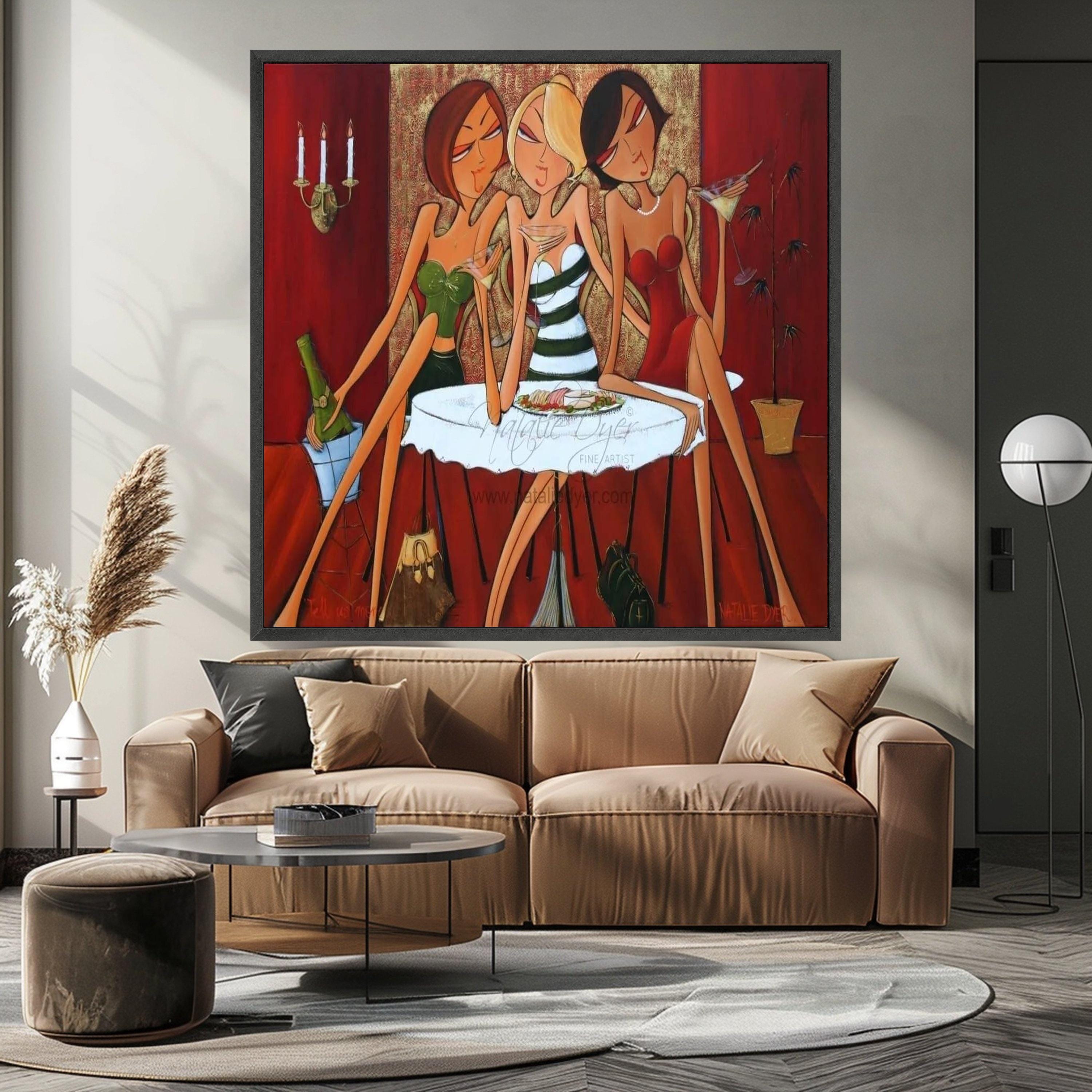 Stylish Ladies Night Out Canvas, Elegant Women Drinking Cocktails, Modern Social Scene Wall Art, Contemporary Party Ready To Hang,