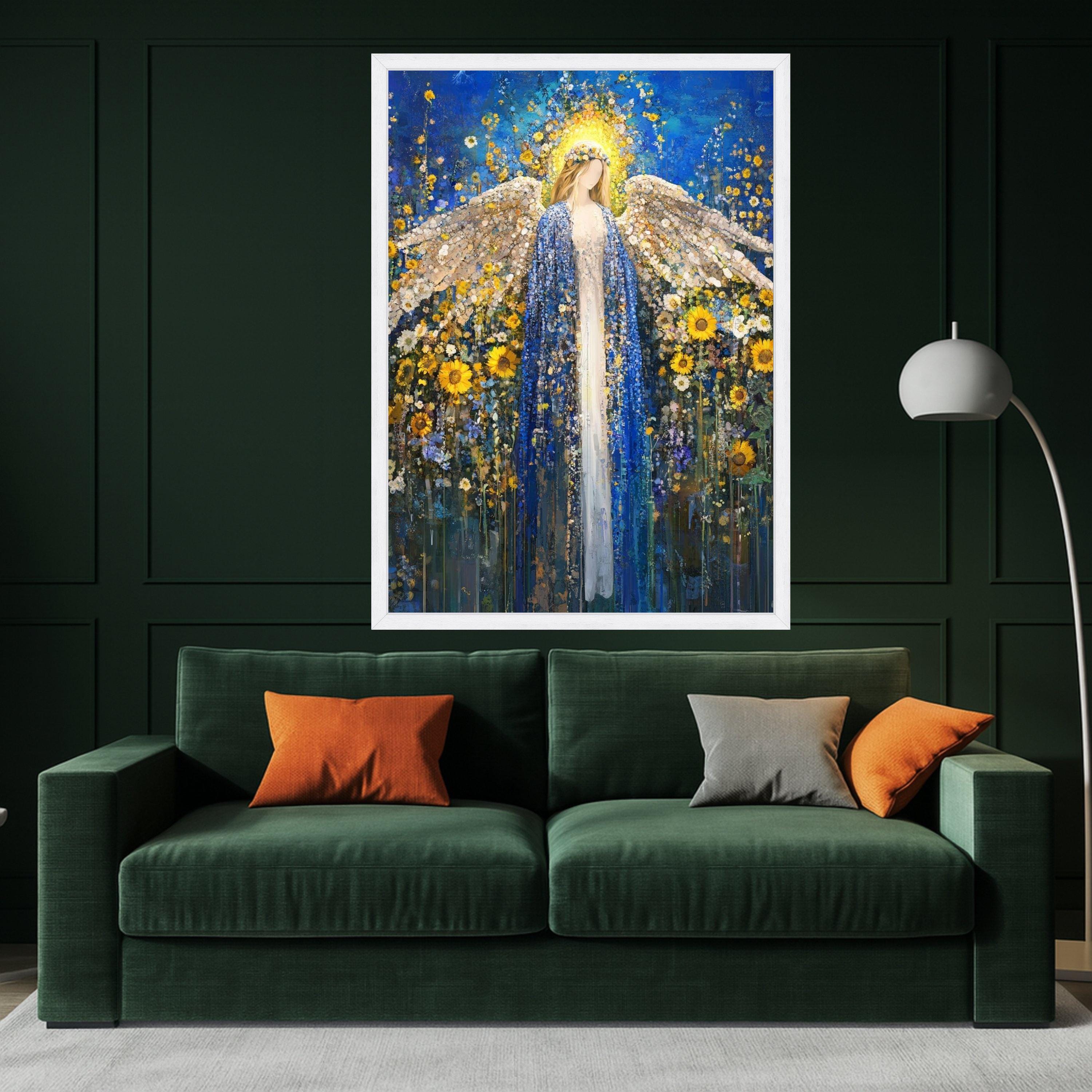 Ethereal Angel Canvas Wall Art, Floral Blue Gold Painting, Sunflower Garden Decor, Spiritual Home Decoration, Heavenly Figure Ready To Hang,