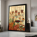Whimsical Chef Gathering Canvas, Culinary Art Painting, Kitchen Wall Decor, Gourmet Food Illustration, Playful Cooking Scene Ready To Hang,