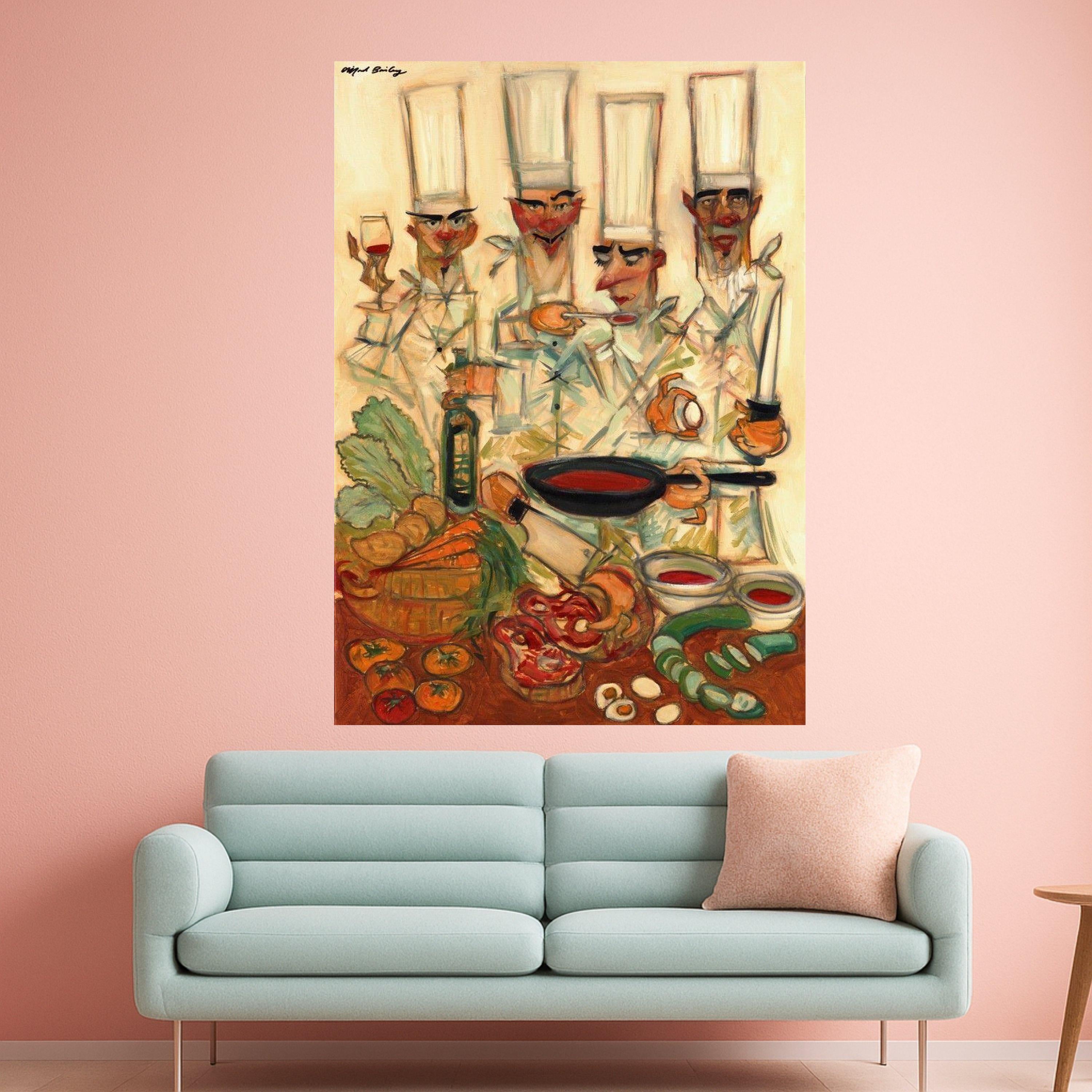 Whimsical Chef Gathering Canvas, Culinary Art Painting, Kitchen Wall Decor, Gourmet Food Illustration, Playful Cooking Scene Ready To Hang,