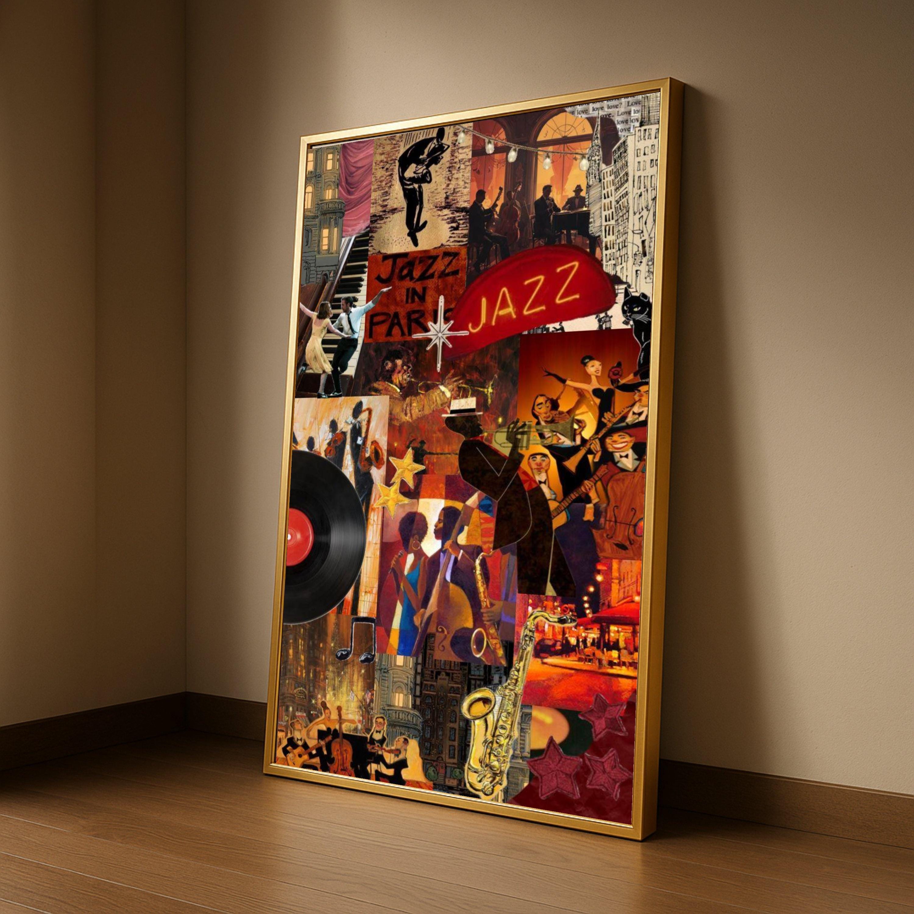 Vibrant Jazz Night Collage, Musical Instruments Canvas, Retro Vinyl Record Art, Jazz Dance Scene Wall Decor, Home Music Room Ready To Hang,