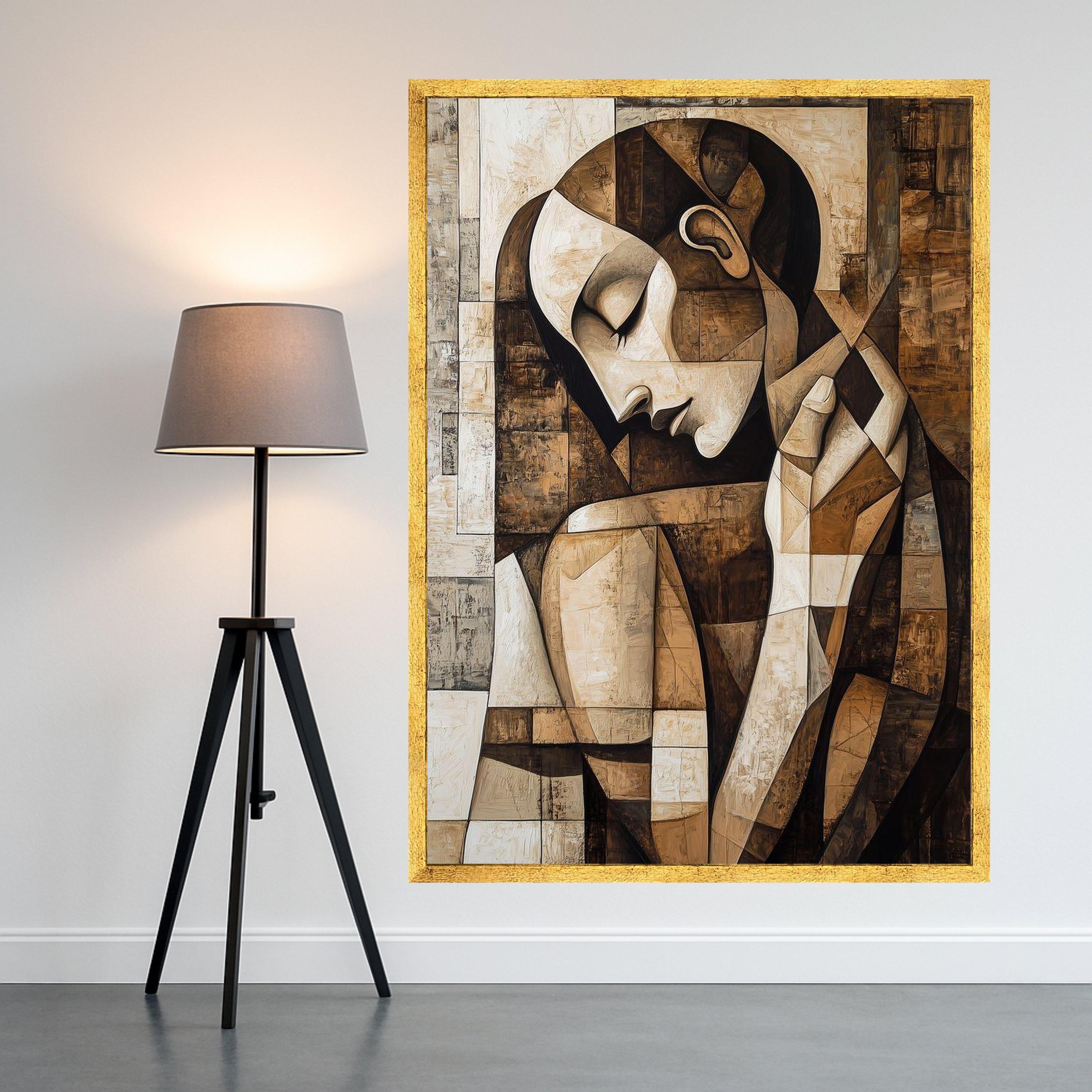 Abstract Woman Portrait Canvas Wall Art, Modern Cubism Style, Brown Tones Decorative Canvas, Contemporary Artistic Home Decor Ready To Hang,