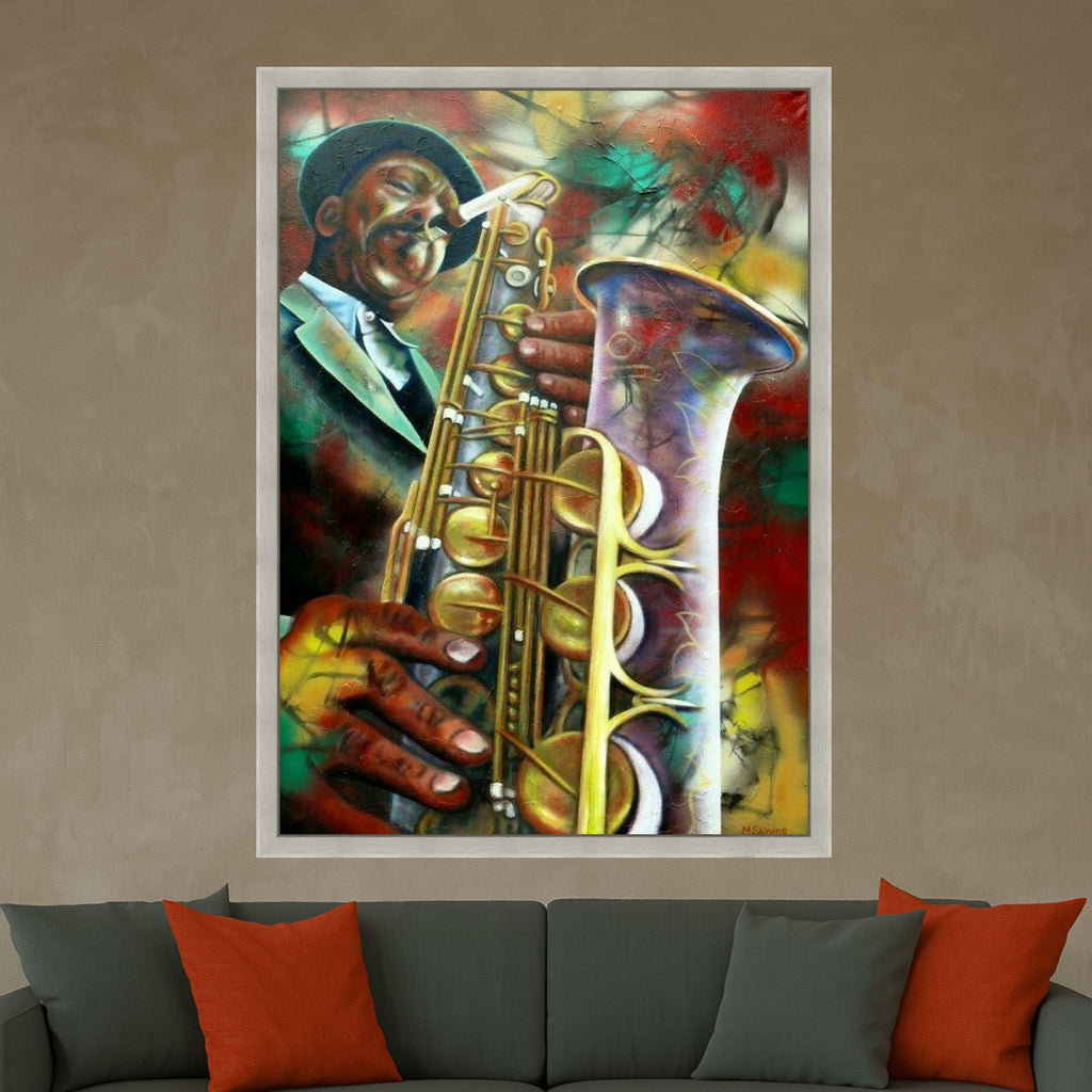 Vibrant Jazz Saxophone Player Canvas, Abstract Music Art, Colorful Musician Wall Decor, Urban Instrument Painting, Home Art Ready To Hang,