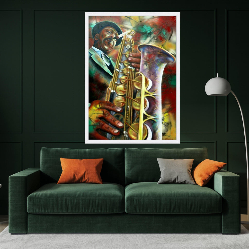 Vibrant Jazz Saxophone Player Canvas, Abstract Music Art, Colorful Musician Wall Decor, Urban Instrument Painting, Home Art Ready To Hang,