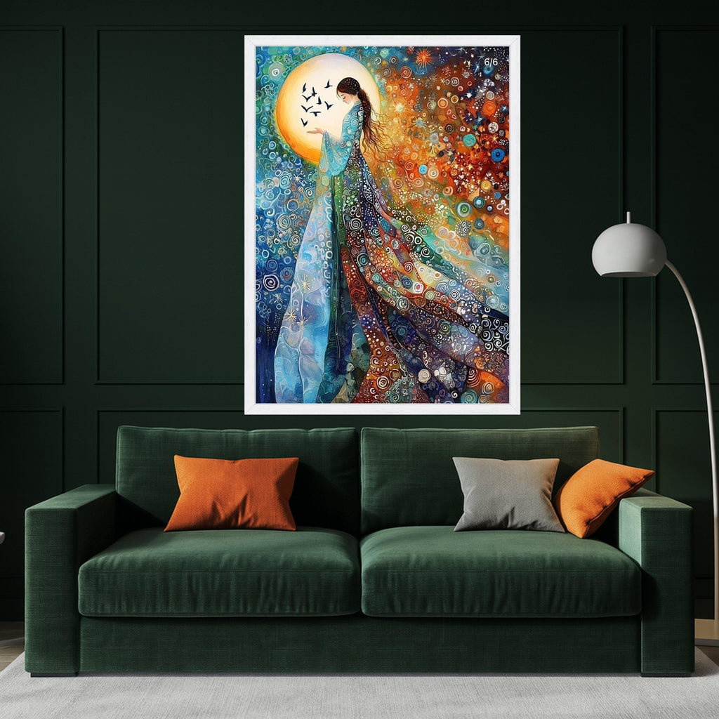 Enchanted Woman with Birds, Abstract Bohemian Canvas Wall Art, Colorful Swirling Pattern, Mystical Female Figure, Spiritual Ready To Hang,