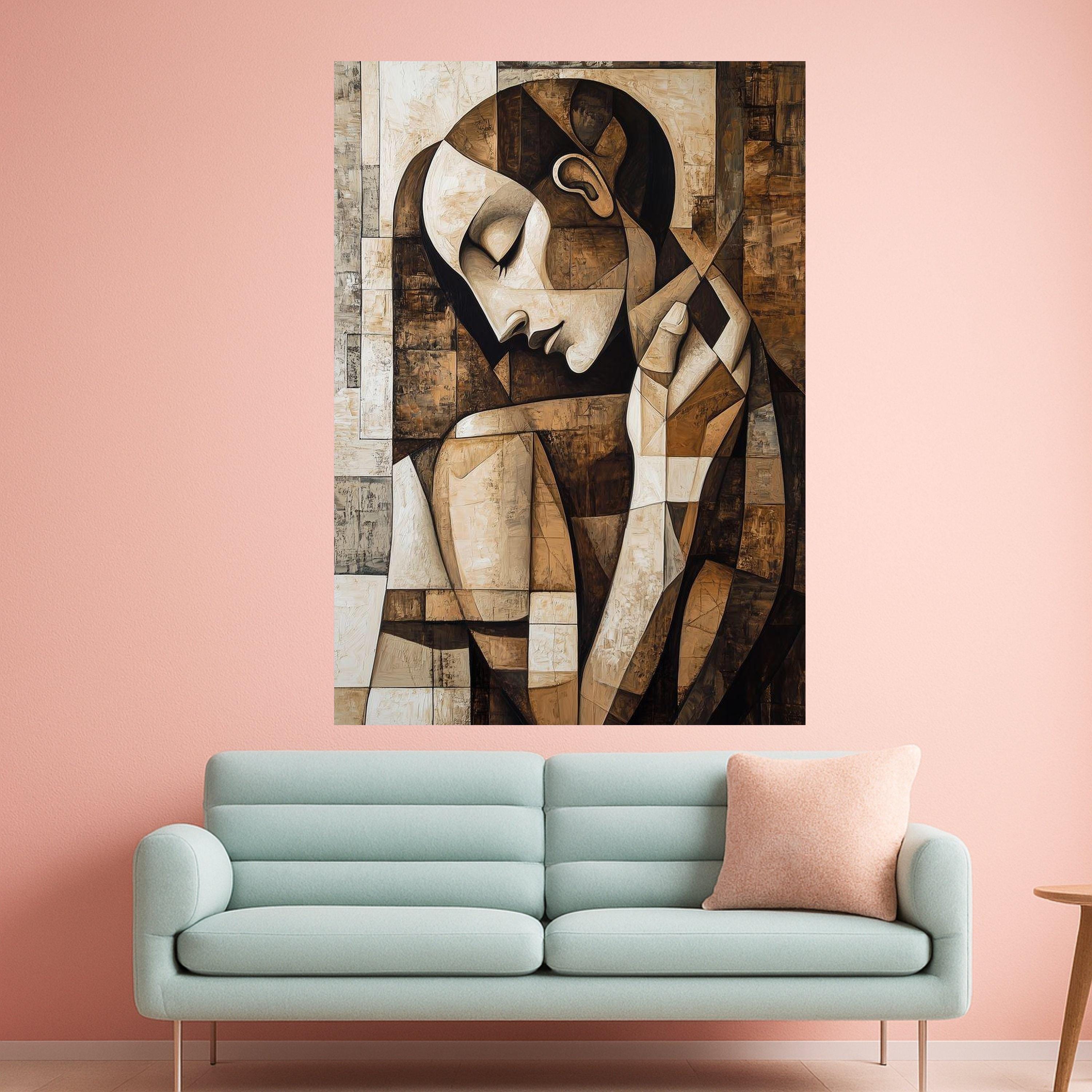 Abstract Woman Portrait Canvas Wall Art, Modern Cubism Style, Brown Tones Decorative Canvas, Contemporary Artistic Home Decor Ready To Hang,