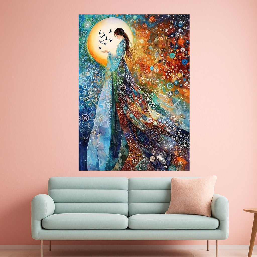 Enchanted Woman with Birds, Abstract Bohemian Canvas Wall Art, Colorful Swirling Pattern, Mystical Female Figure, Spiritual Ready To Hang,