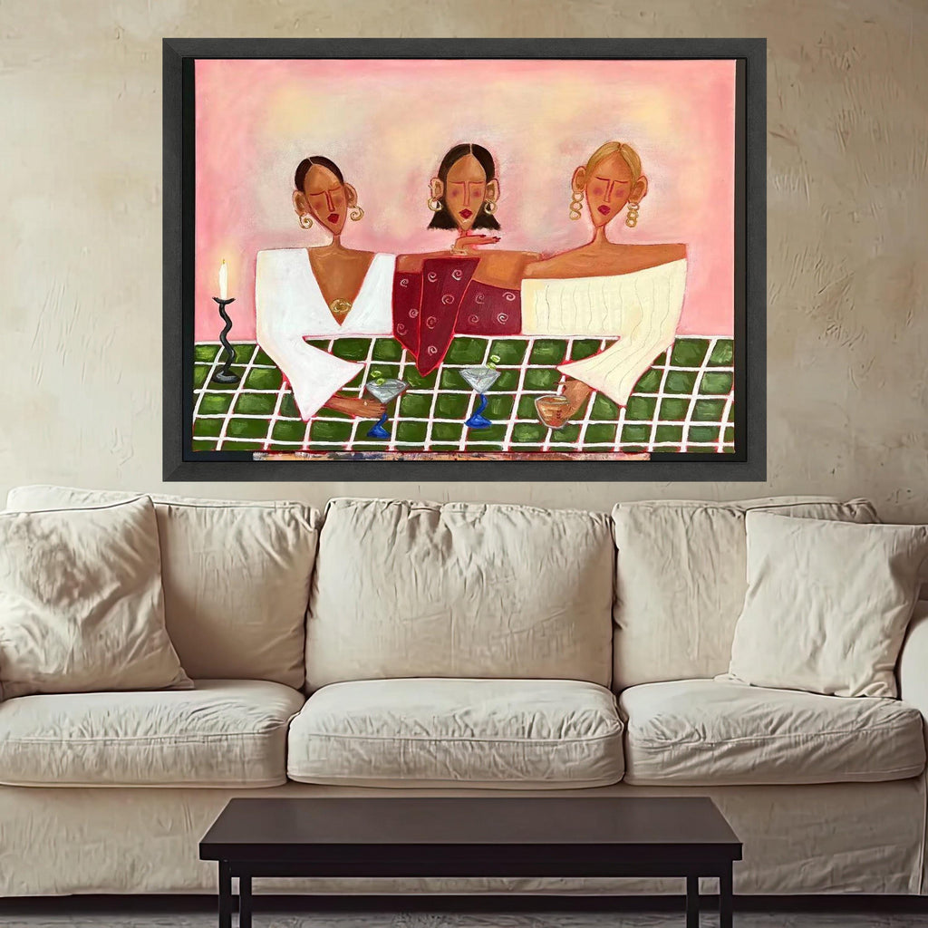 Modern Abstract Ladies Canvas, Stylish Women Drinking Wine, Contemporary Figurative Wall Art, Colorful Social Scene Canvas, Ready To Hang,