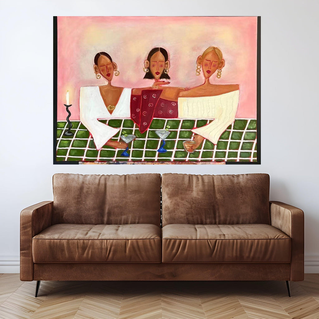 Modern Abstract Ladies Canvas, Stylish Women Drinking Wine, Contemporary Figurative Wall Art, Colorful Social Scene Canvas, Ready To Hang,
