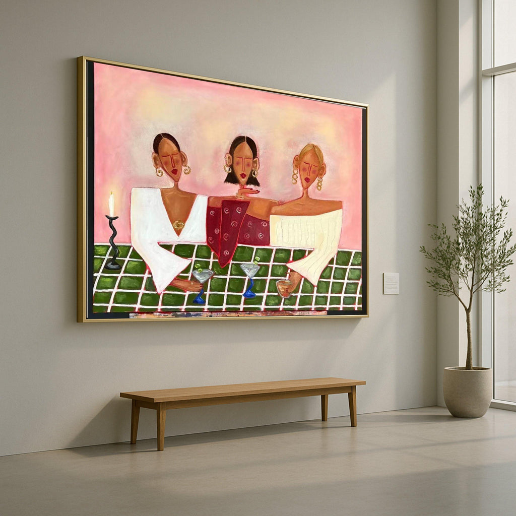 Modern Abstract Ladies Canvas, Stylish Women Drinking Wine, Contemporary Figurative Wall Art, Colorful Social Scene Canvas, Ready To Hang,
