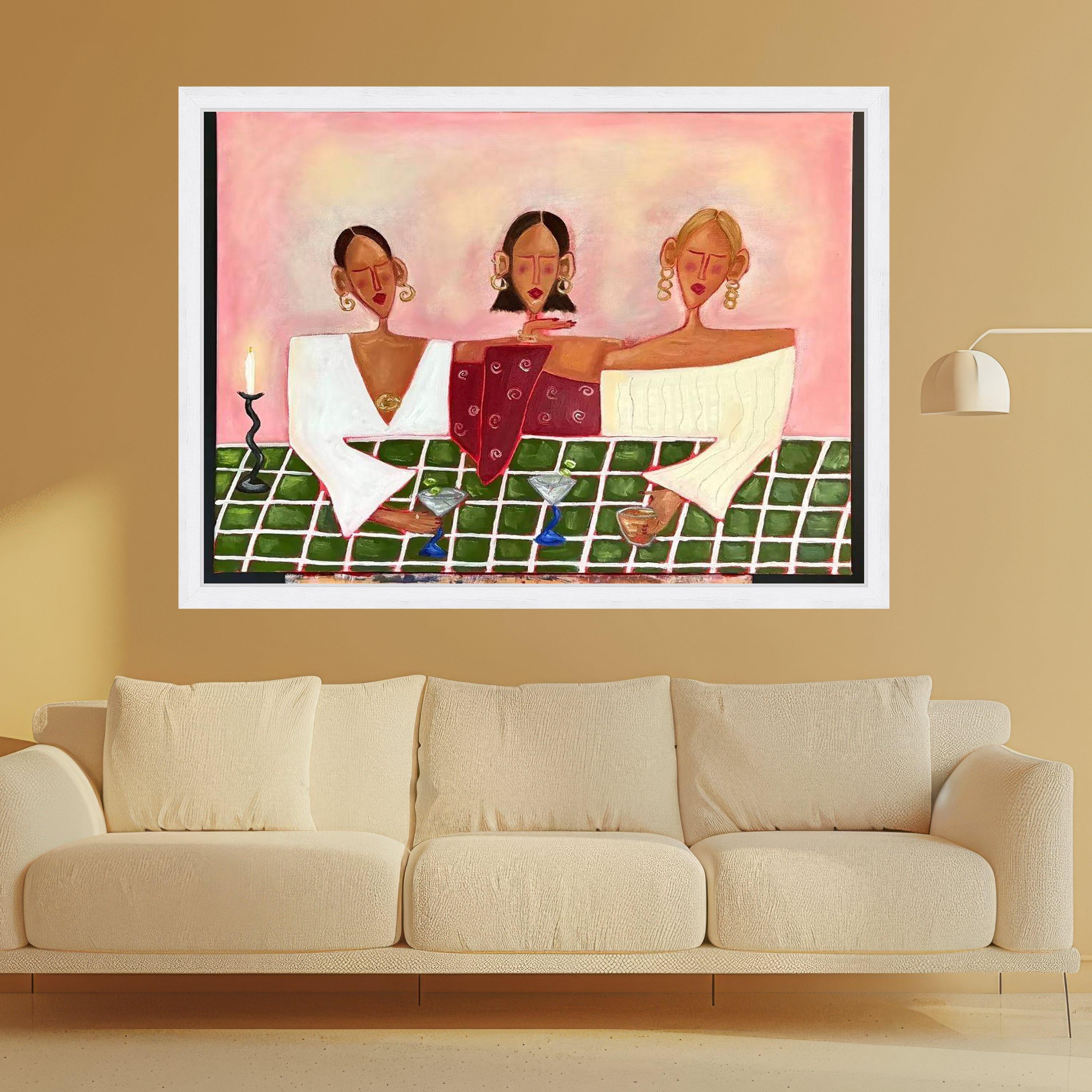 Modern Abstract Ladies Canvas, Stylish Women Drinking Wine, Contemporary Figurative Wall Art, Colorful Social Scene Canvas, Ready To Hang,