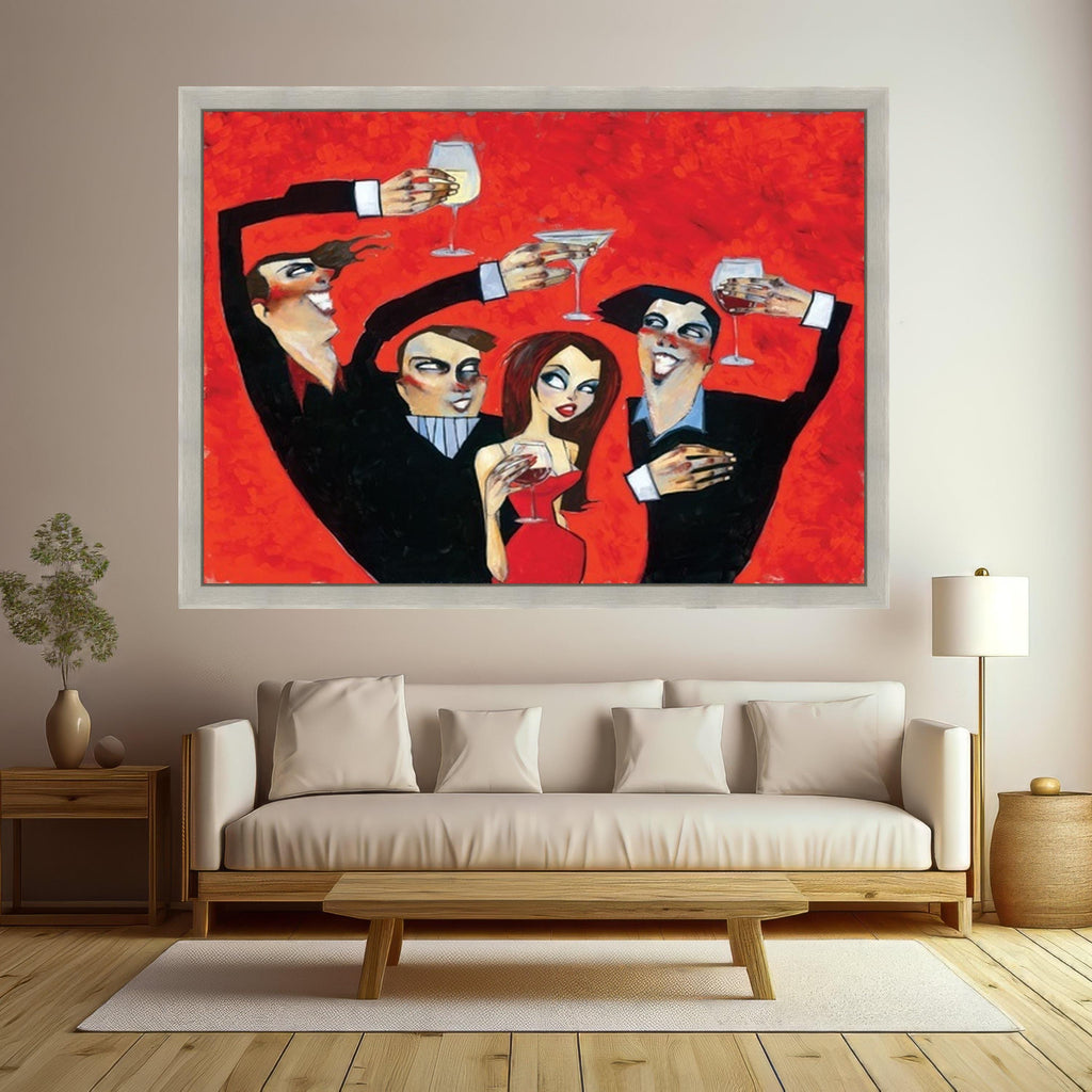 Elegant Party Cheers Canvas, Vintage Style Celebration Wall Art, Red Background Artwork, Wine and Cocktail Toast, Home Bar Ready To Hang,