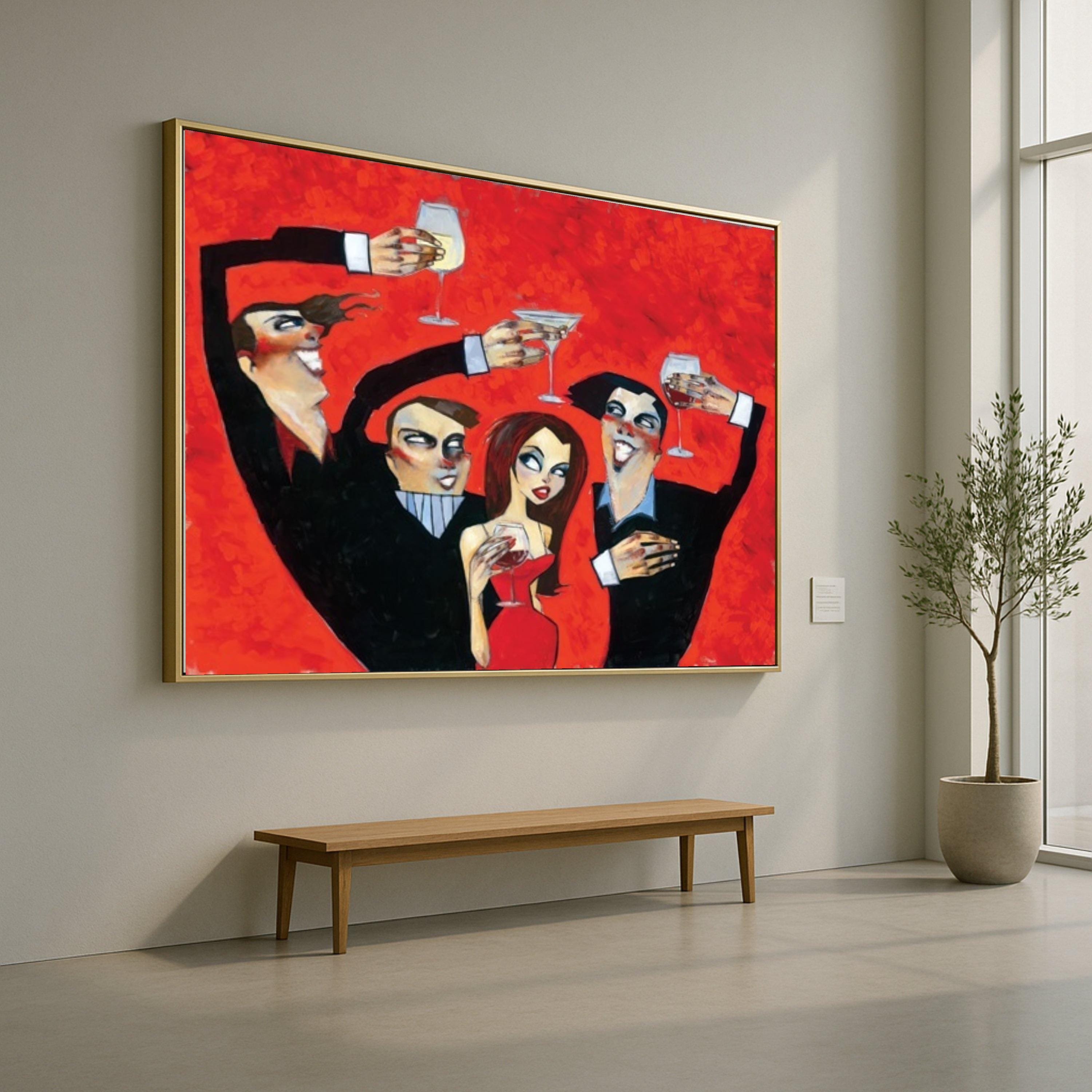 Elegant Party Cheers Canvas, Vintage Style Celebration Wall Art, Red Background Artwork, Wine and Cocktail Toast, Home Bar Ready To Hang,