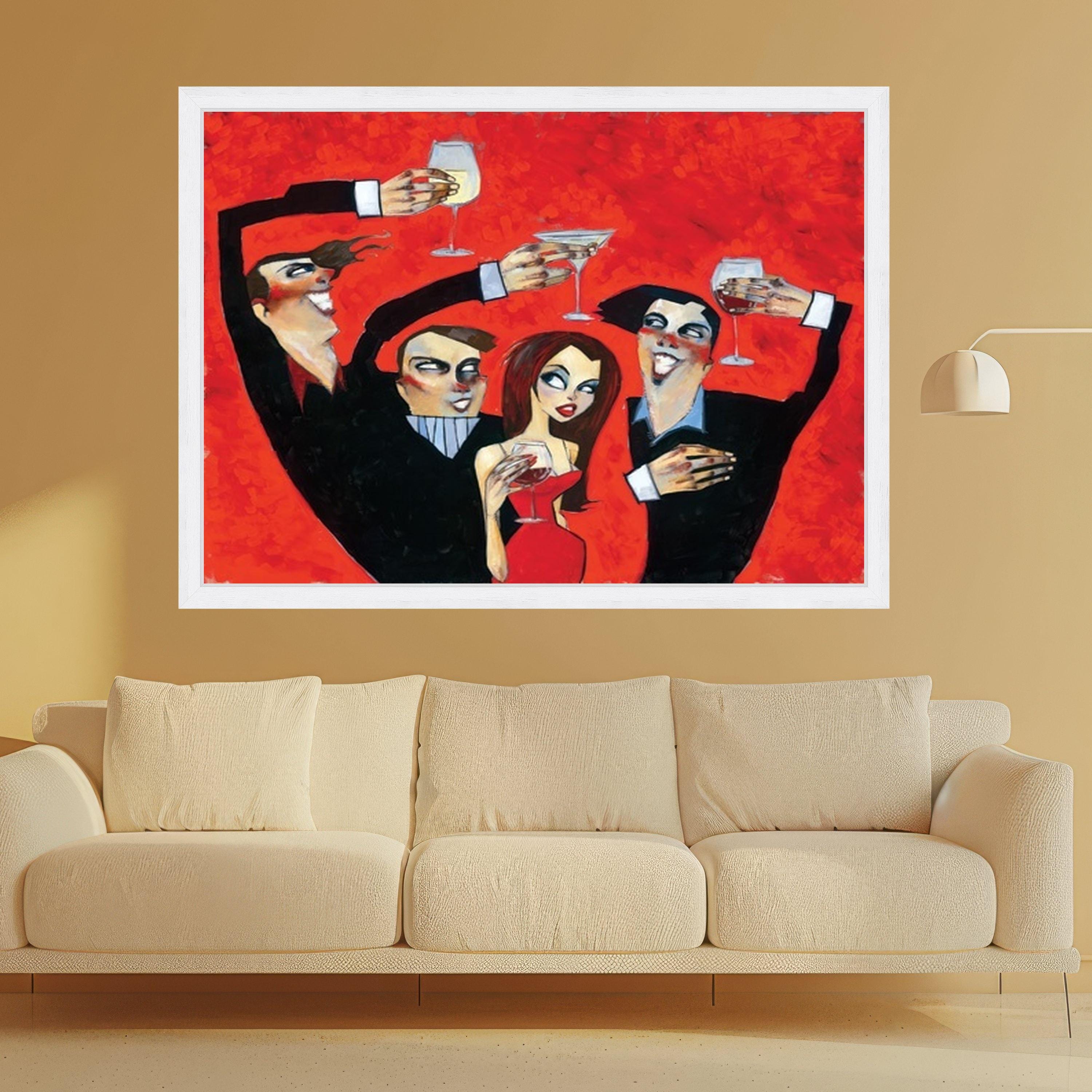 Elegant Party Cheers Canvas, Vintage Style Celebration Wall Art, Red Background Artwork, Wine and Cocktail Toast, Home Bar Ready To Hang,