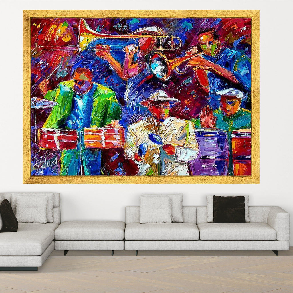 Vibrant Jazz Band Canvas, Colorful Music Wall Art, Abstract Saxophone and Trumpet Painting, Modern Canvas Decoration, Live Ready To Hang,