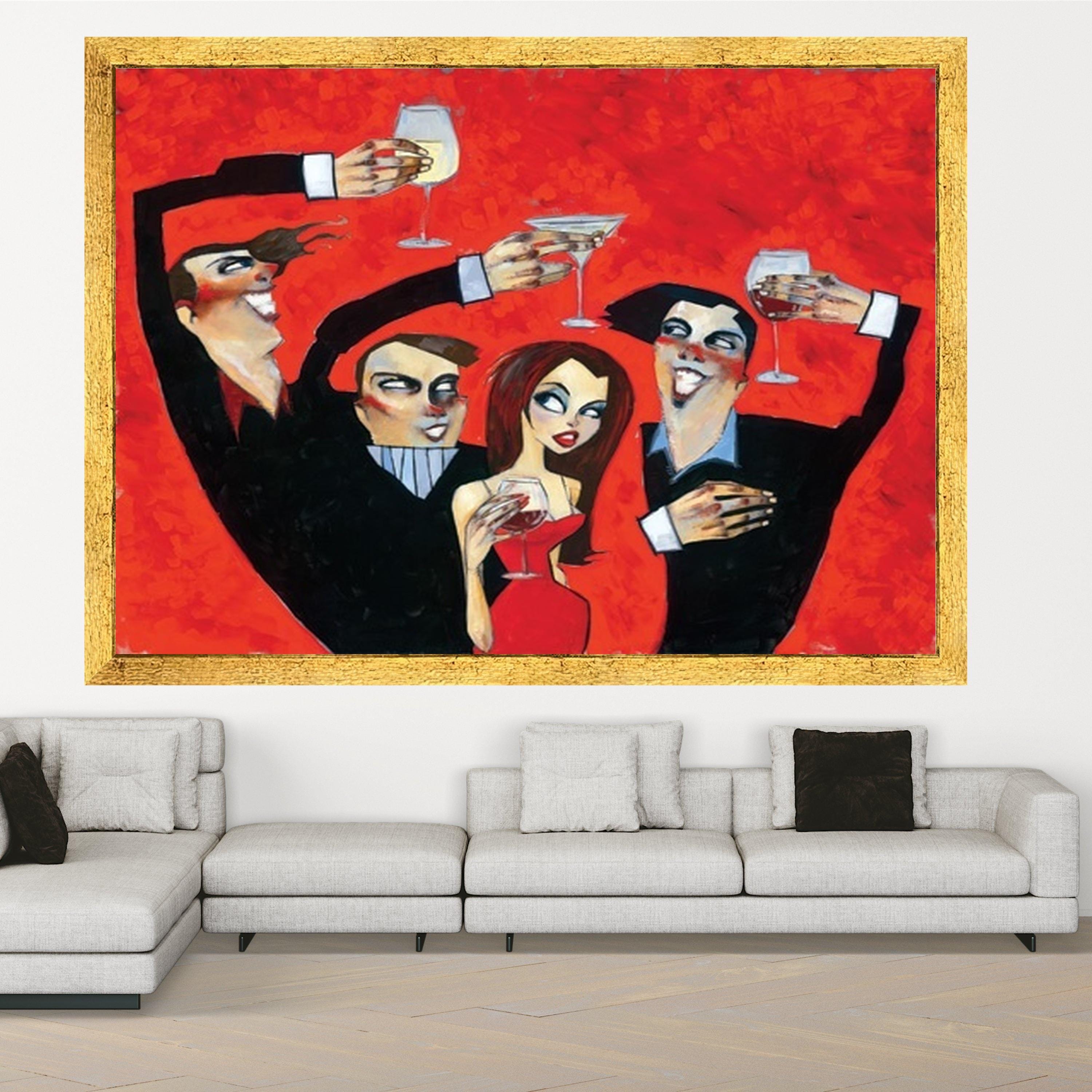 Elegant Party Cheers Canvas, Vintage Style Celebration Wall Art, Red Background Artwork, Wine and Cocktail Toast, Home Bar Ready To Hang,