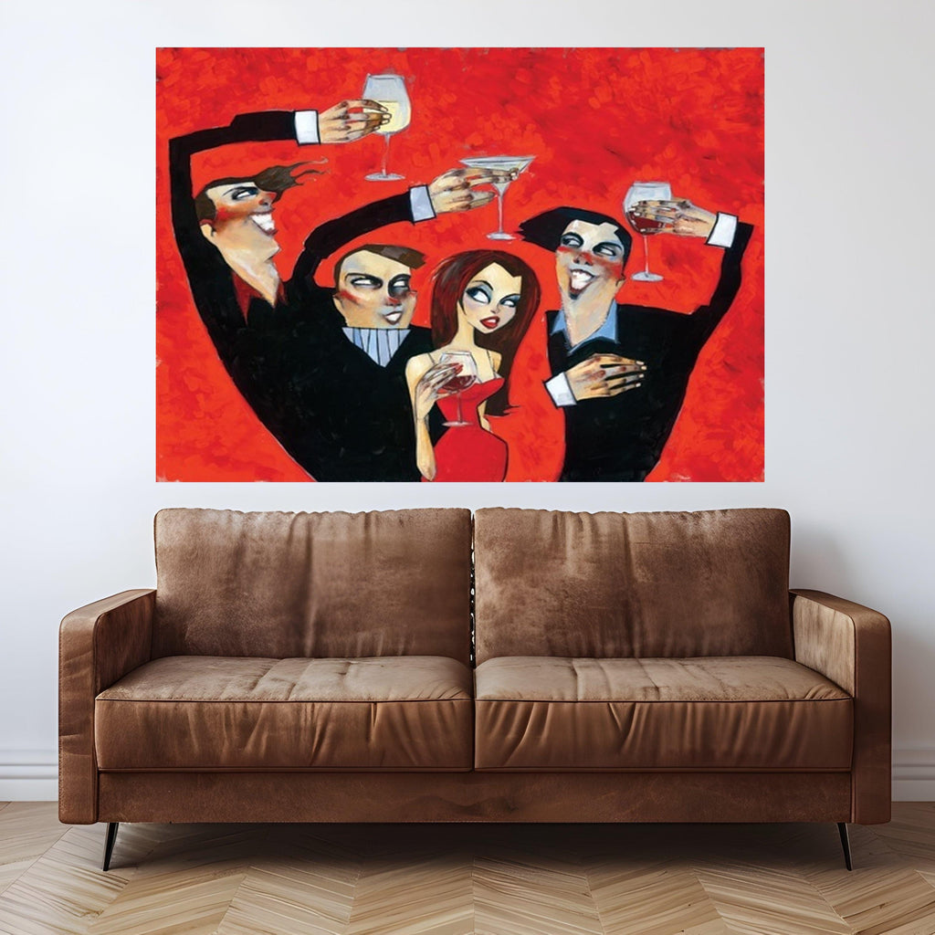 Elegant Party Cheers Canvas, Vintage Style Celebration Wall Art, Red Background Artwork, Wine and Cocktail Toast, Home Bar Ready To Hang,