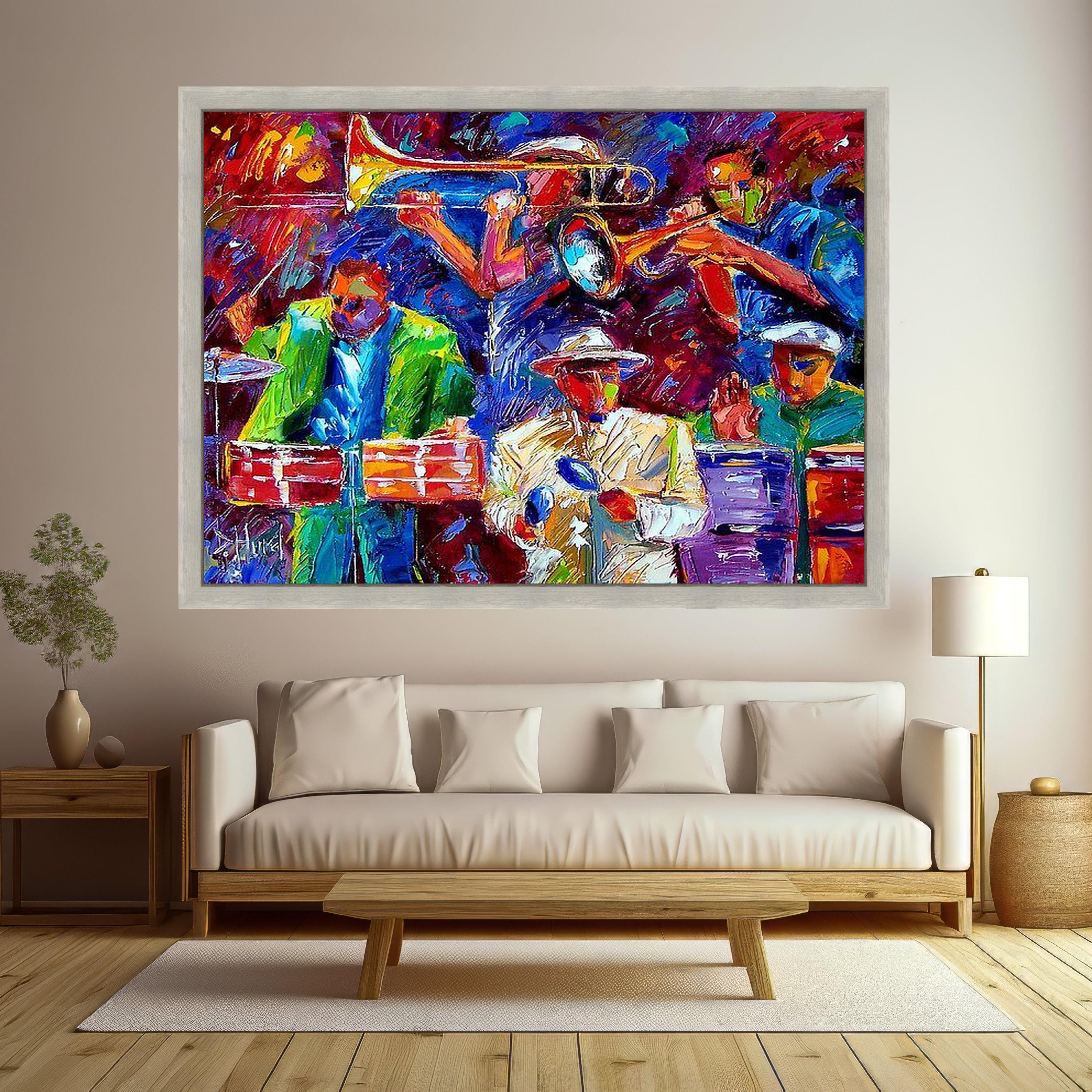 Vibrant Jazz Band Canvas, Colorful Music Wall Art, Abstract Saxophone and Trumpet Painting, Modern Canvas Decoration, Live Ready To Hang,