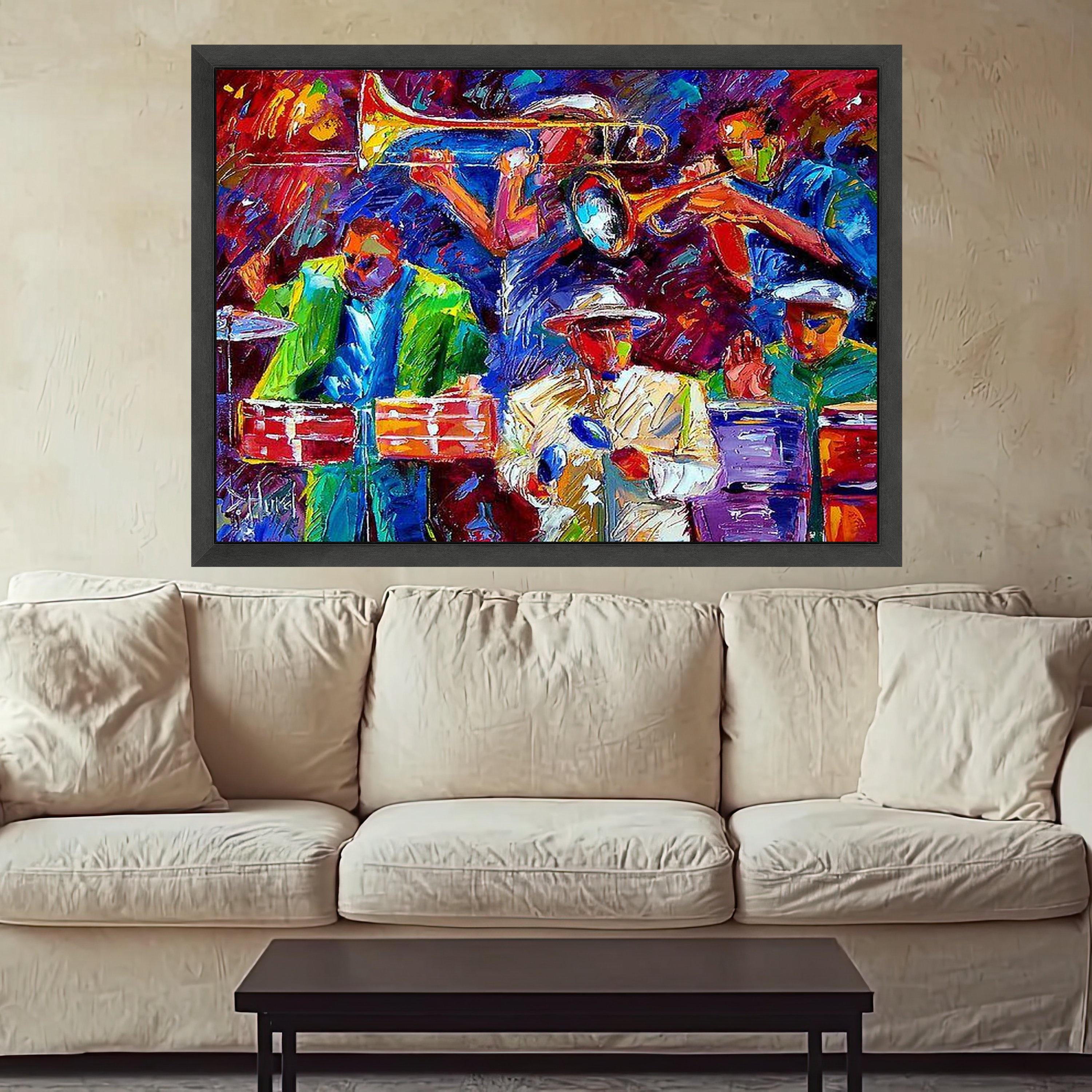 Vibrant Jazz Band Canvas, Colorful Music Wall Art, Abstract Saxophone and Trumpet Painting, Modern Canvas Decoration, Live Ready To Hang,