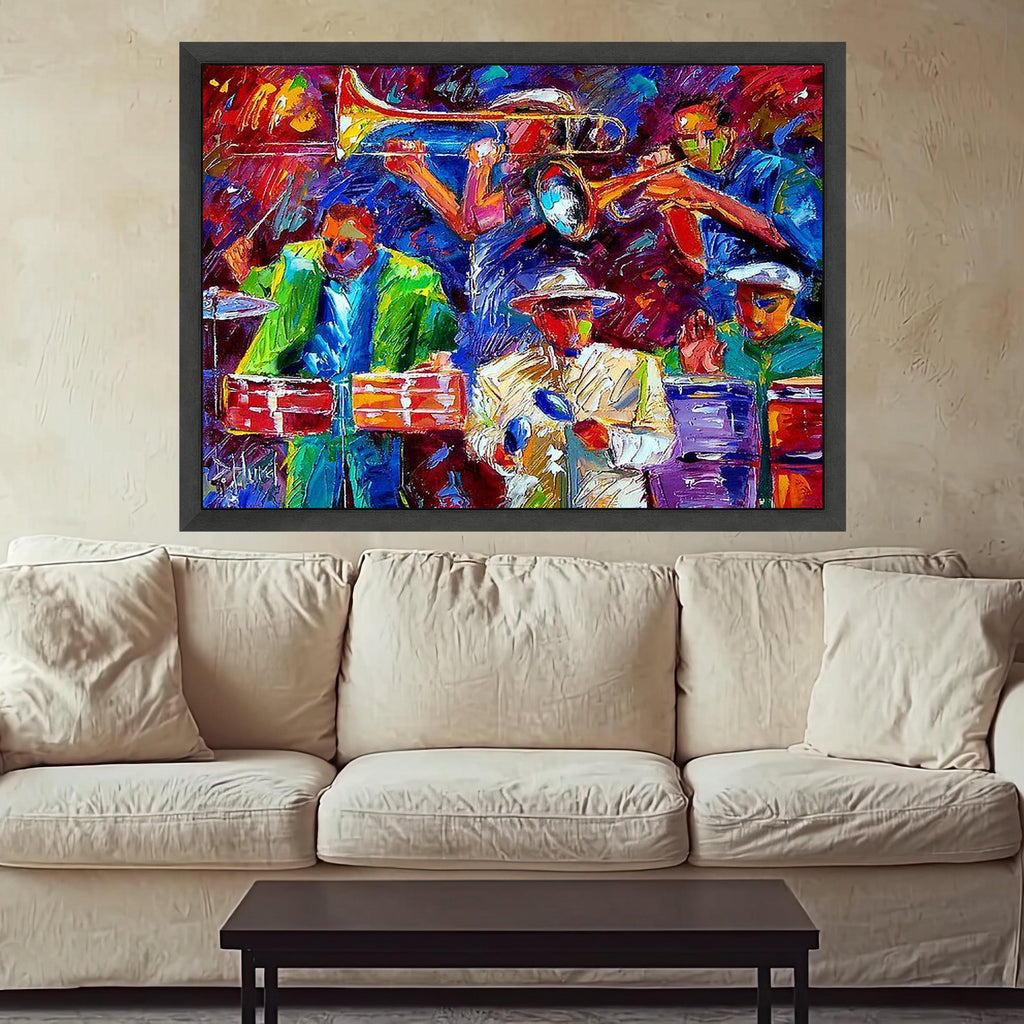 Vibrant Jazz Band Canvas, Colorful Music Wall Art, Abstract Saxophone and Trumpet Painting, Modern Canvas Decoration, Live Ready To Hang,