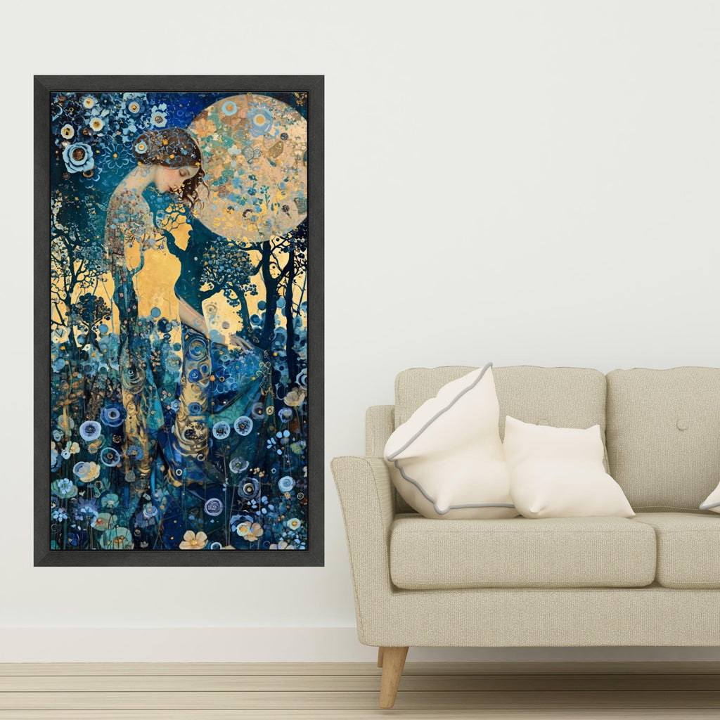 Enchanted Woman in Blooming Night Garden Canvas, Dreamy Floral Wall Art, Mystical Moonlight Scene, Nature-Inspired Home Ready To Hang,
