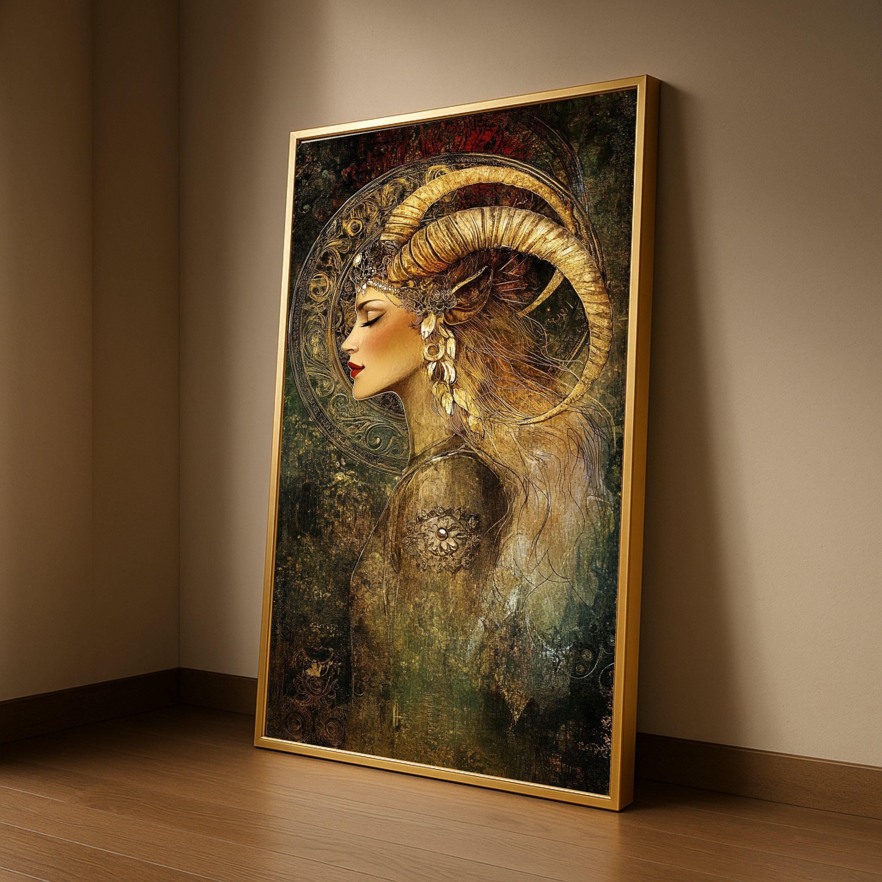 Mystical Woman with Ram Horns Canvas, Fantasy Portrait Wall Art, Bohemian Decor, Ethereal Female Canvas, Ready to Hang Home Ready To Hang,