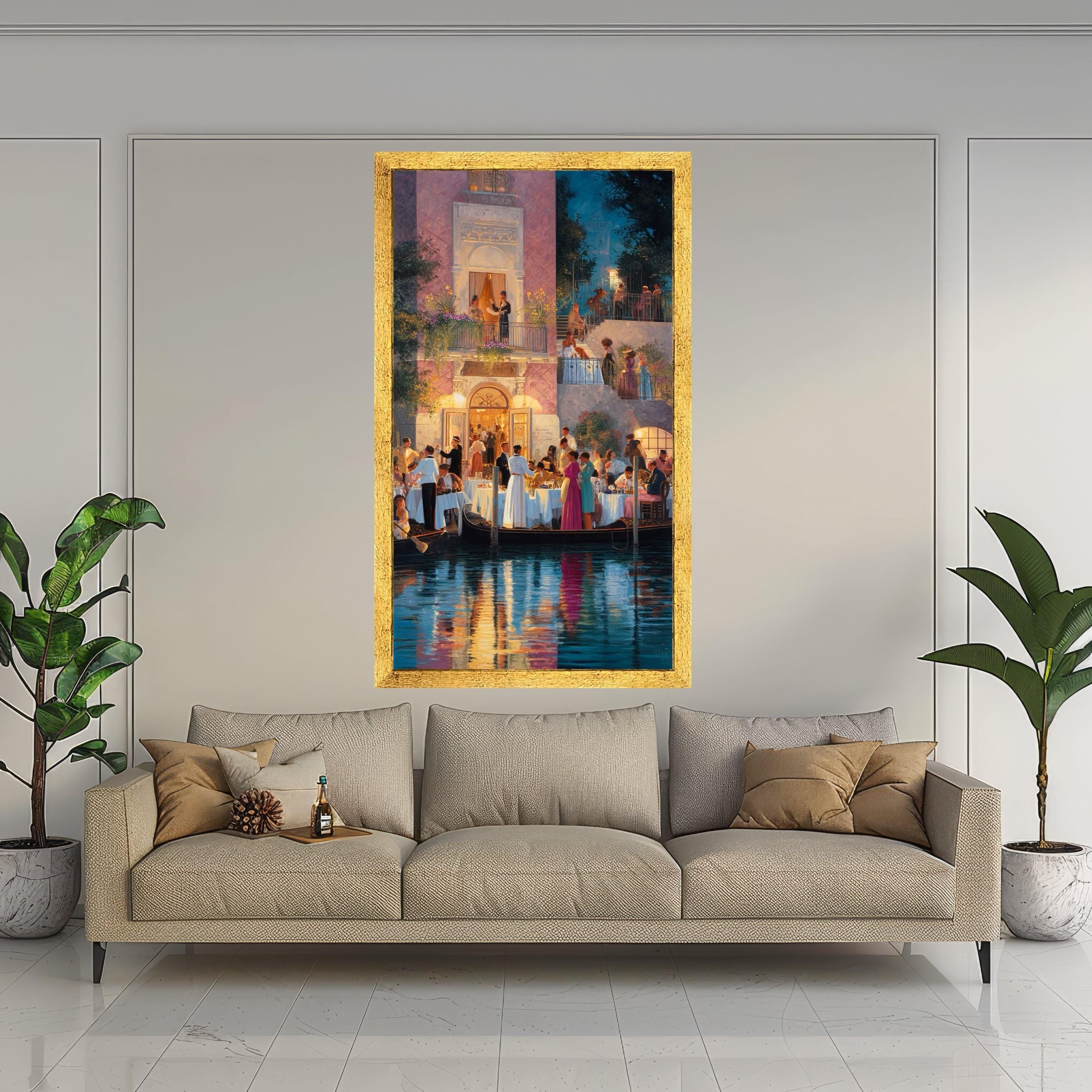 Venetian Evening Celebration, Canal Dining Scene Canvas, Romantic Italy Wall Art, Vintage Social Gathering Canvas, Elegant Ready To Hang,