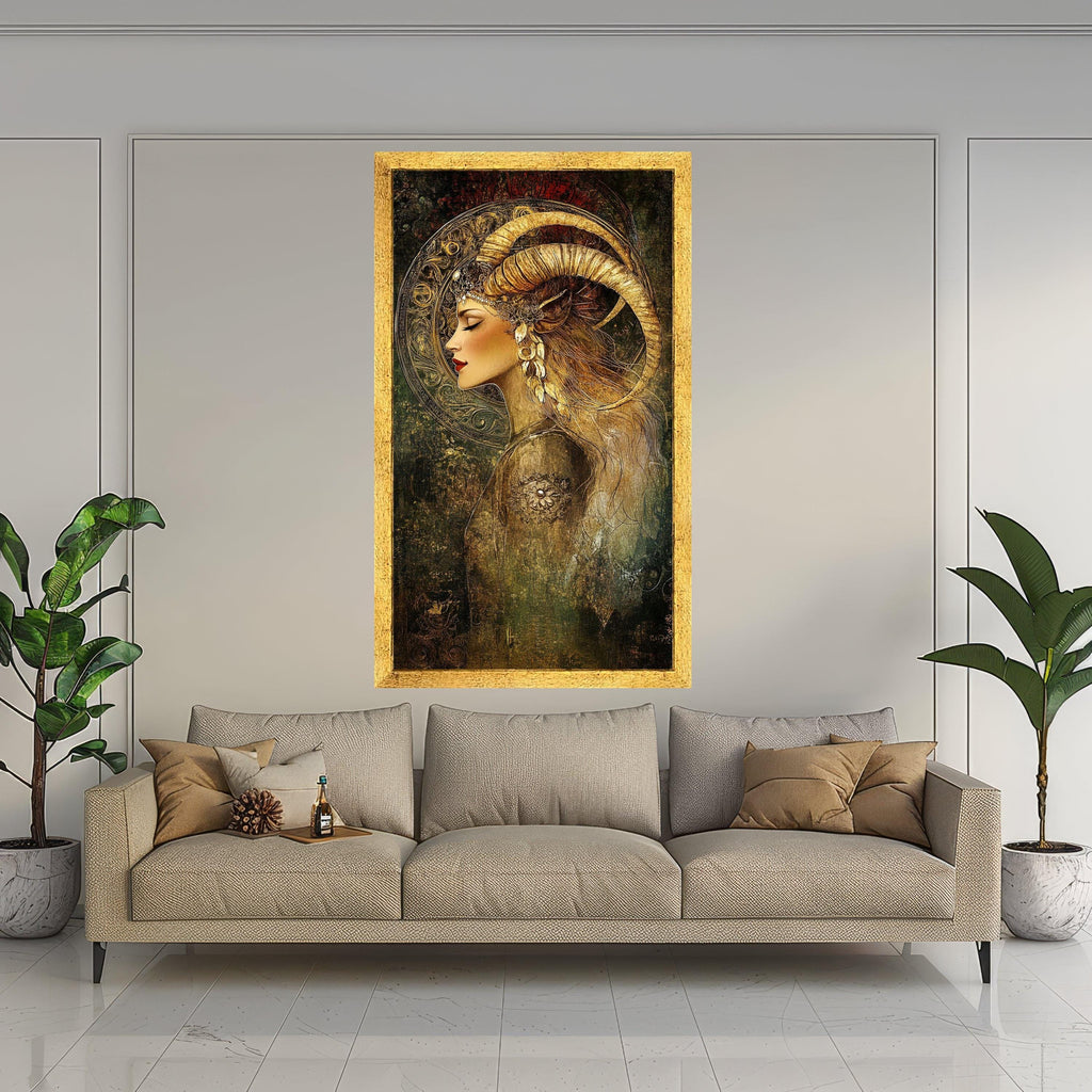 Mystical Woman with Ram Horns Canvas, Fantasy Portrait Wall Art, Bohemian Decor, Ethereal Female Canvas, Ready to Hang Home Ready To Hang,