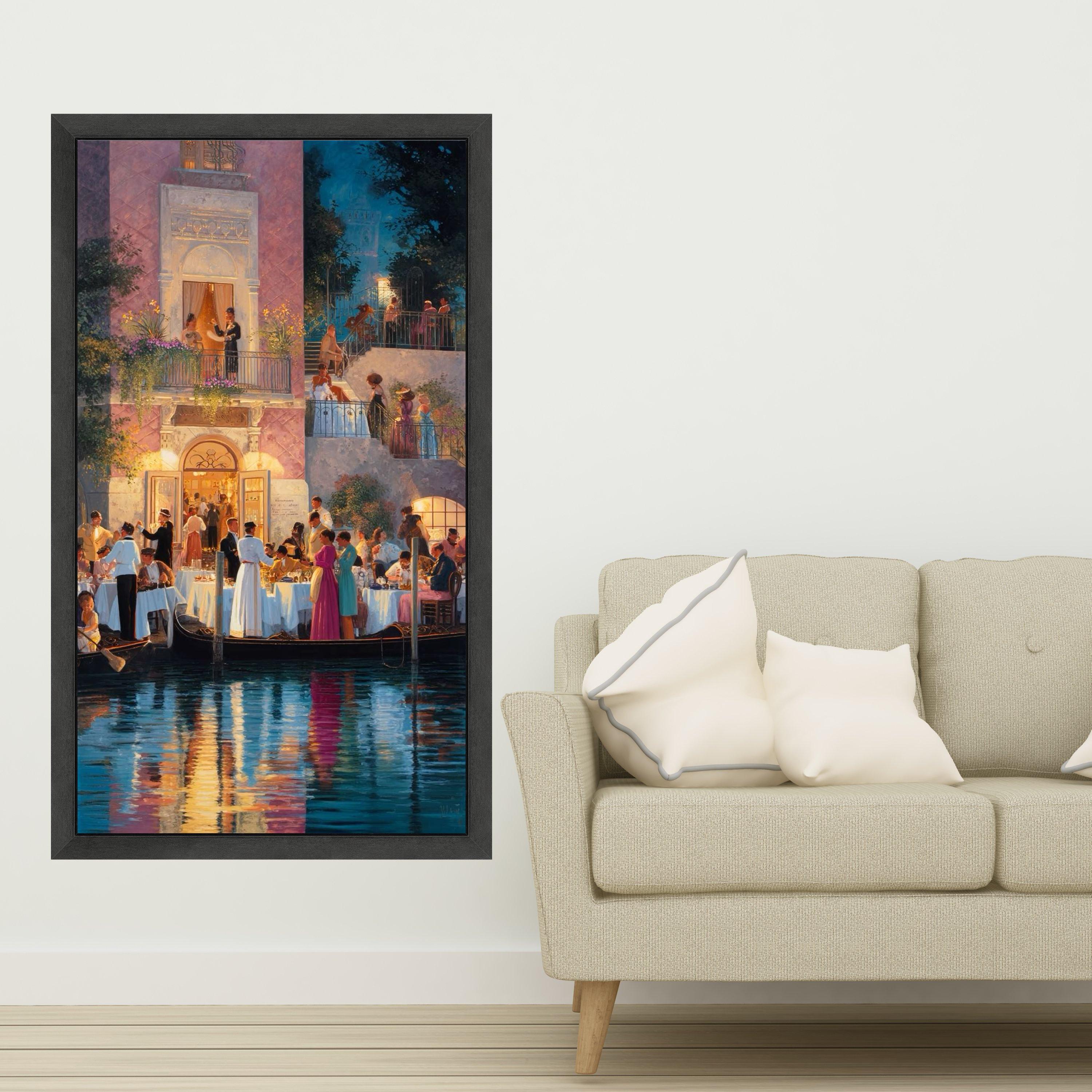 Venetian Evening Celebration, Canal Dining Scene Canvas, Romantic Italy Wall Art, Vintage Social Gathering Canvas, Elegant Ready To Hang,
